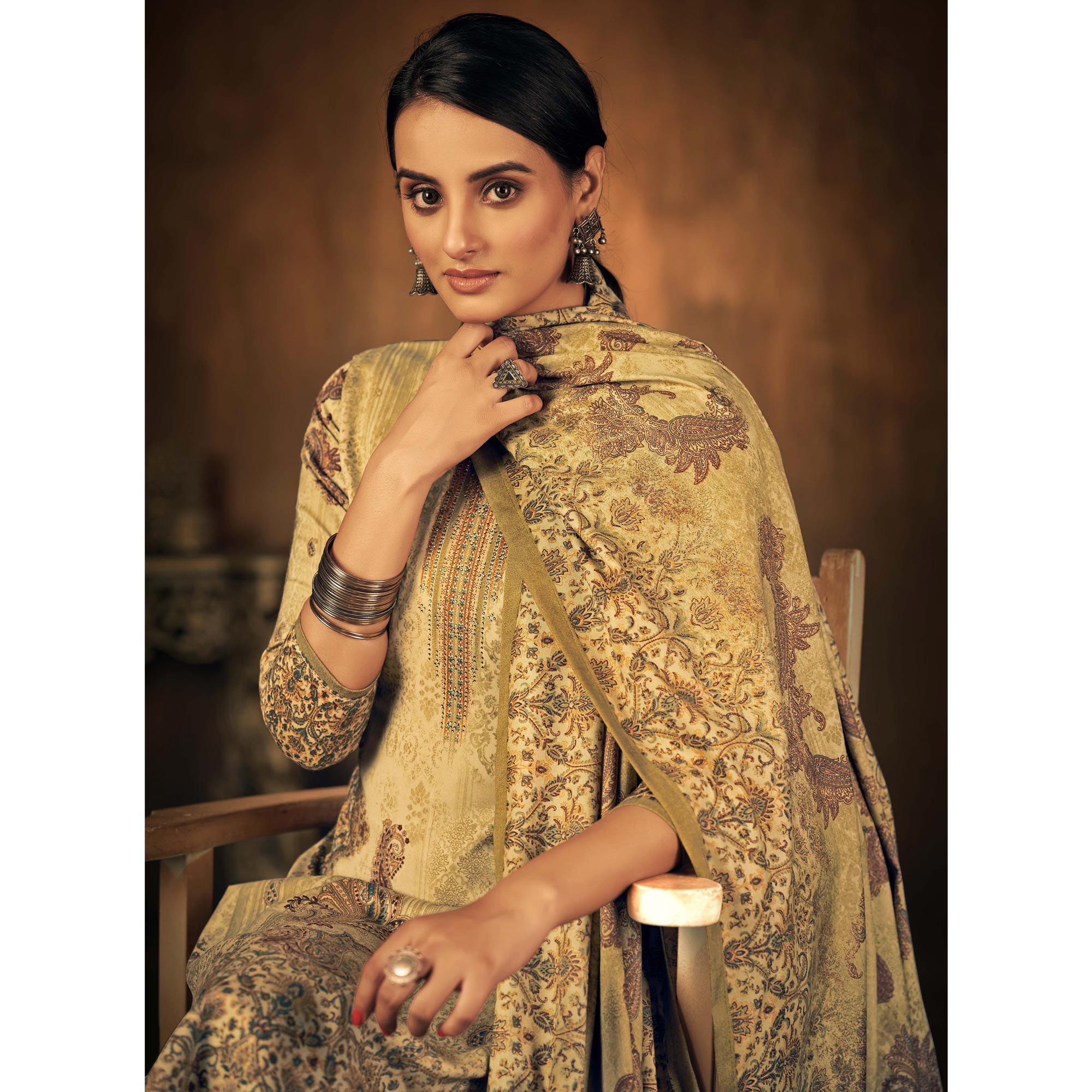 Chikoo Printed With Swarovski Work Pashmina Salwar Suit
