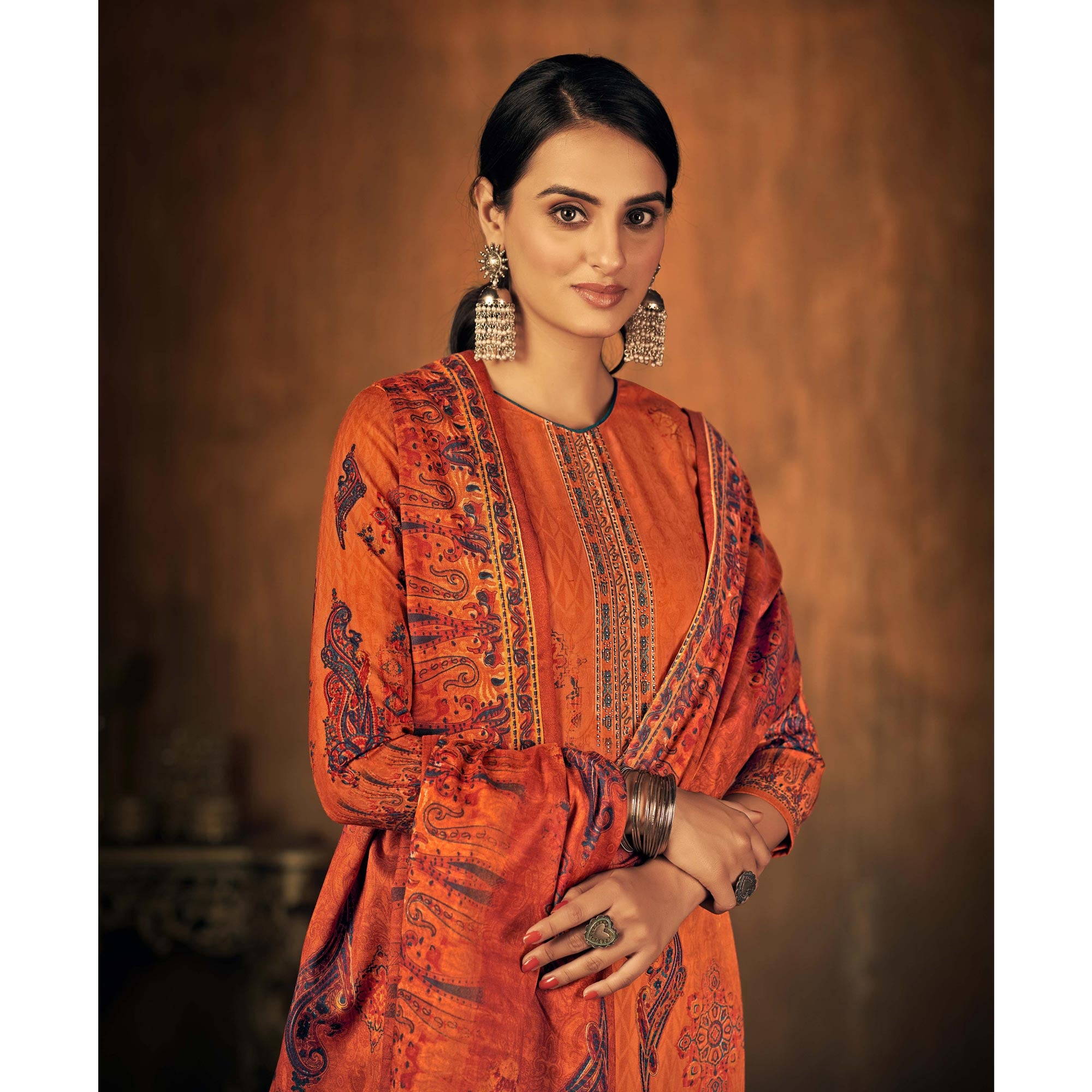 Orange Printed With Swarovski Work Pashmina Salwar Suit