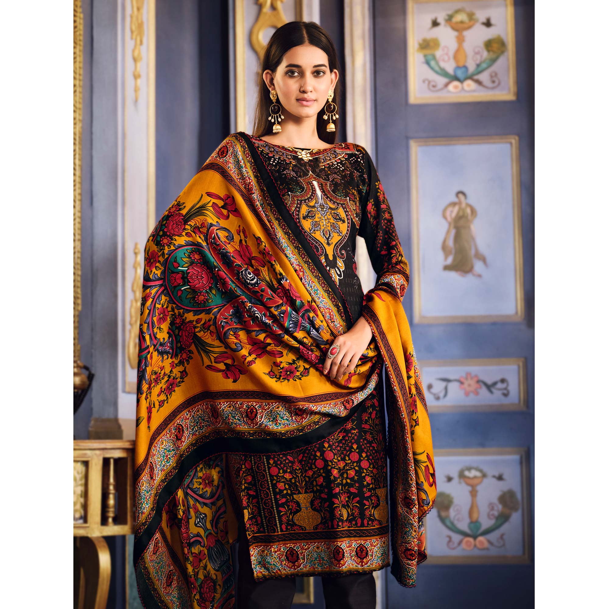 Black Digital Printed Pashmina Woolen Suit
