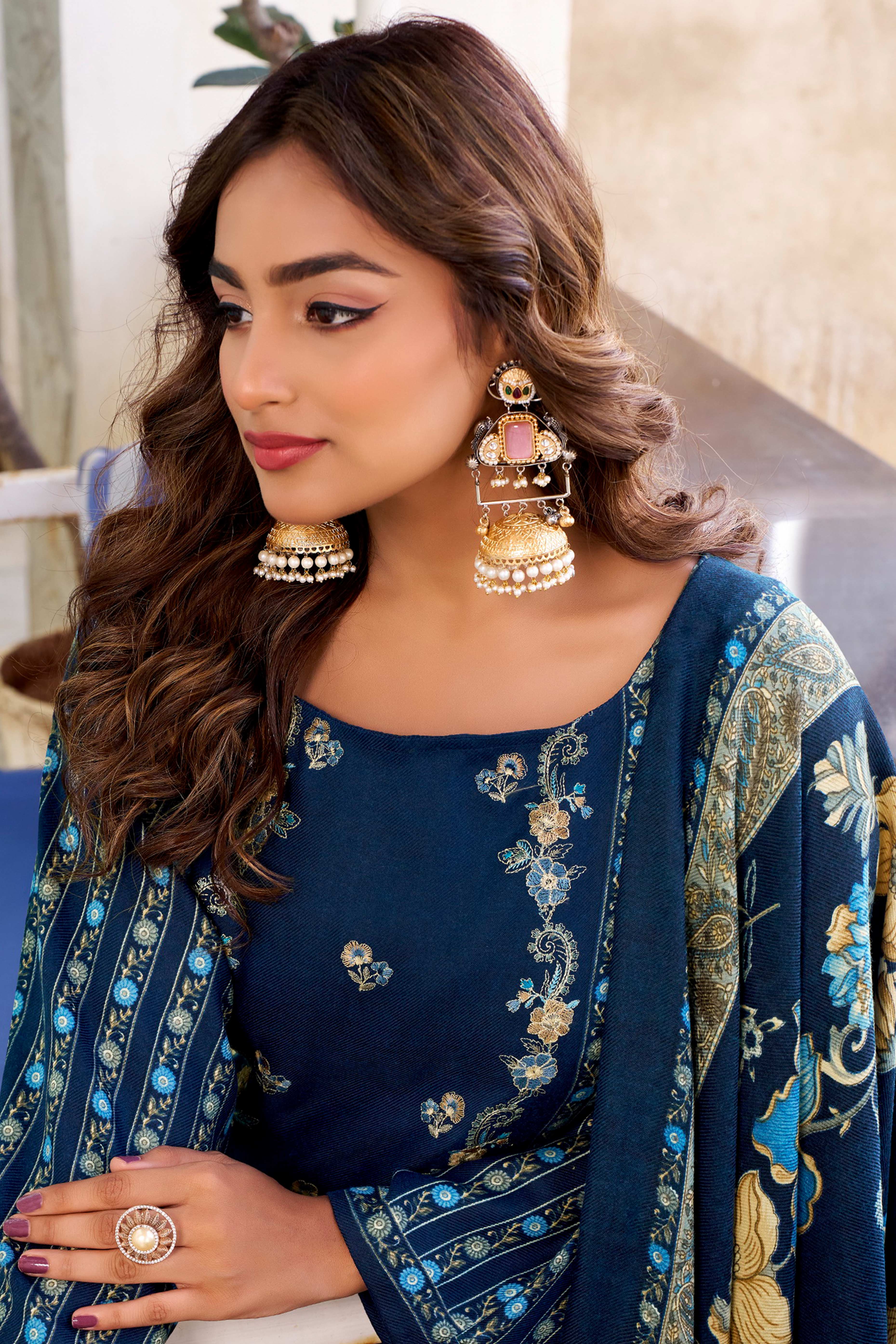 Navy Blue Floral Printed Pure Wool Pashmina Suit Material Ideal for Winter Fashion