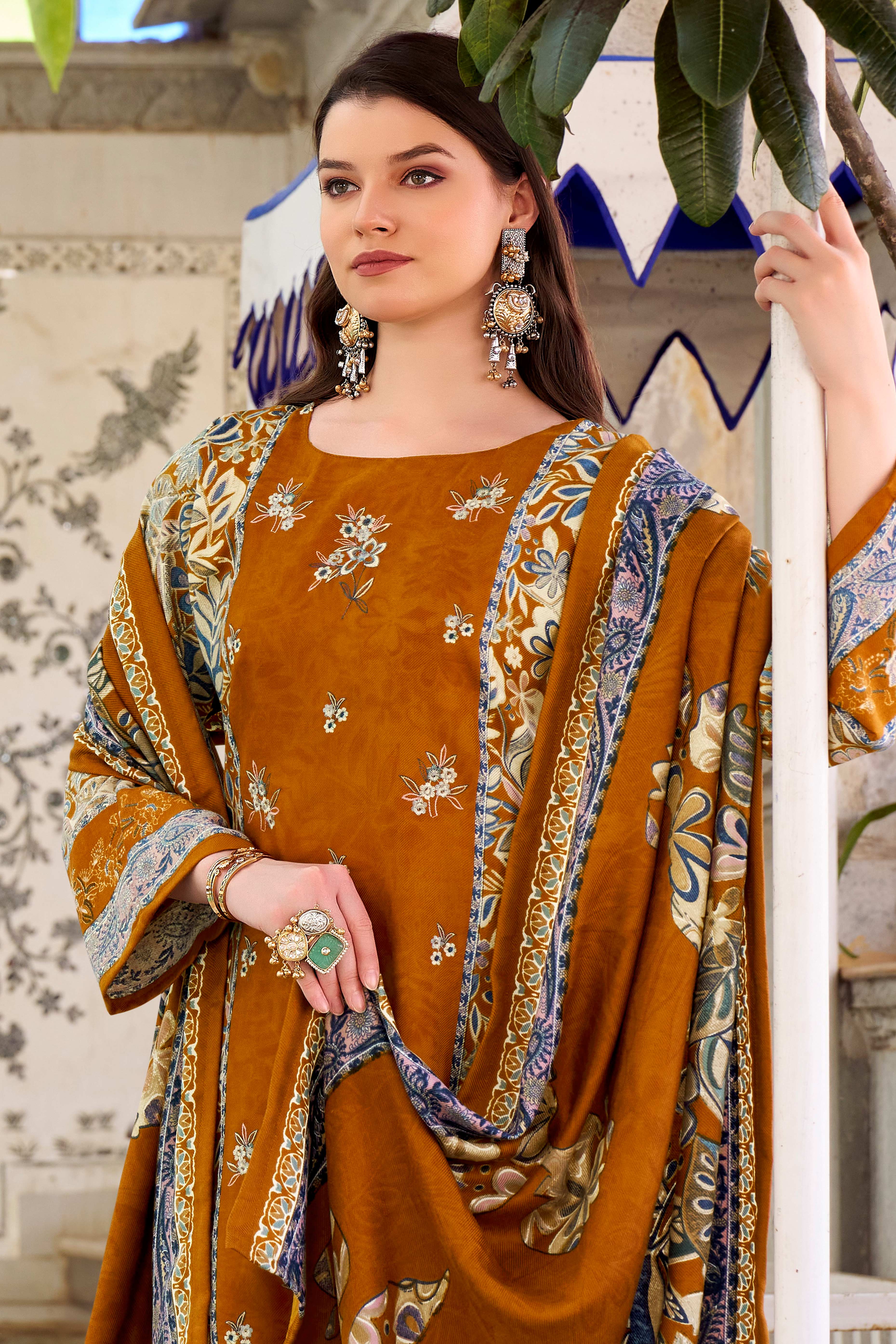 Mustard Floral Printed Pure Wool Pashmina Suit Material Ideal for Winter Fashion