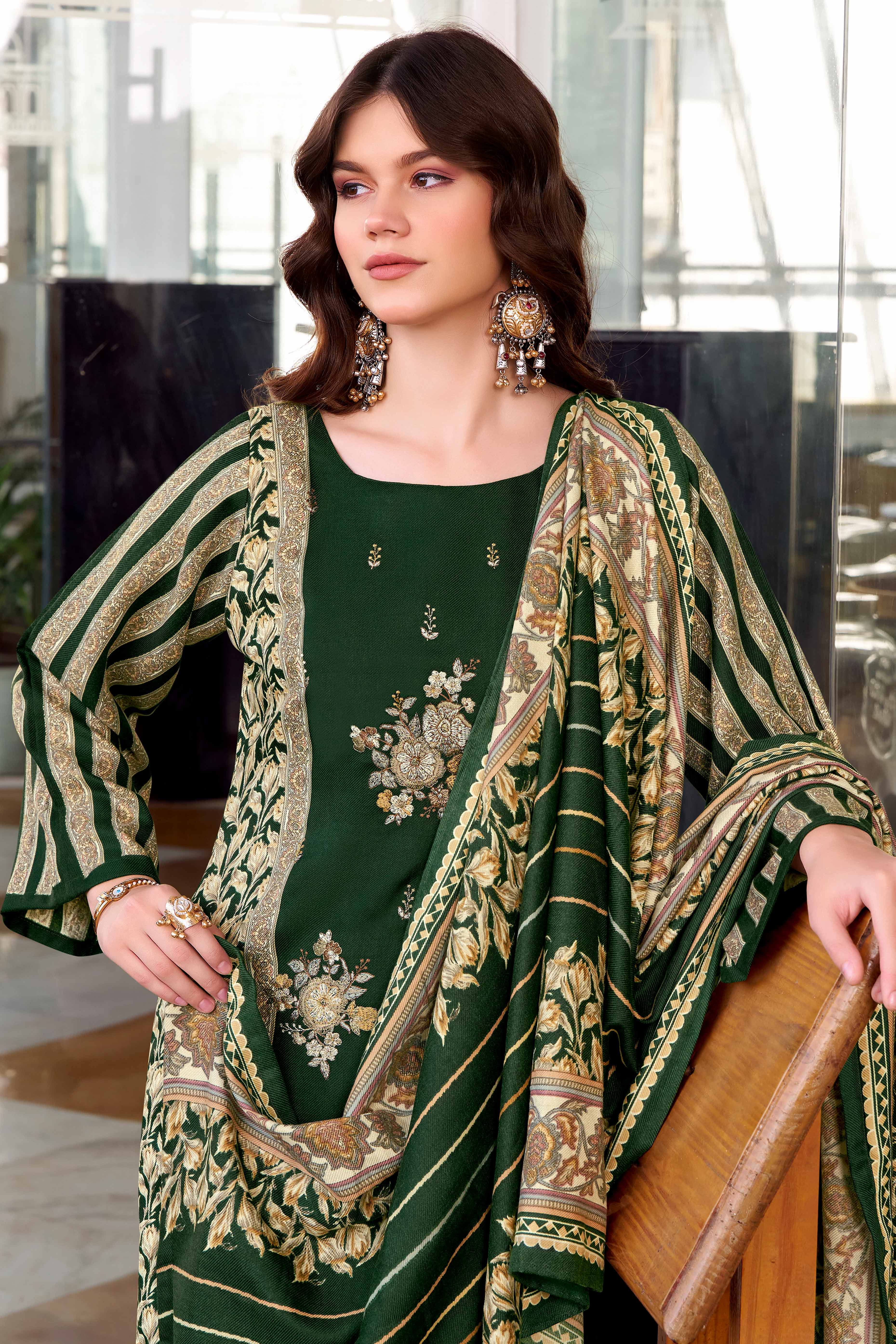 Green Floral Printed Pure Wool Pashmina Suit Material Ideal for Winter Fashion