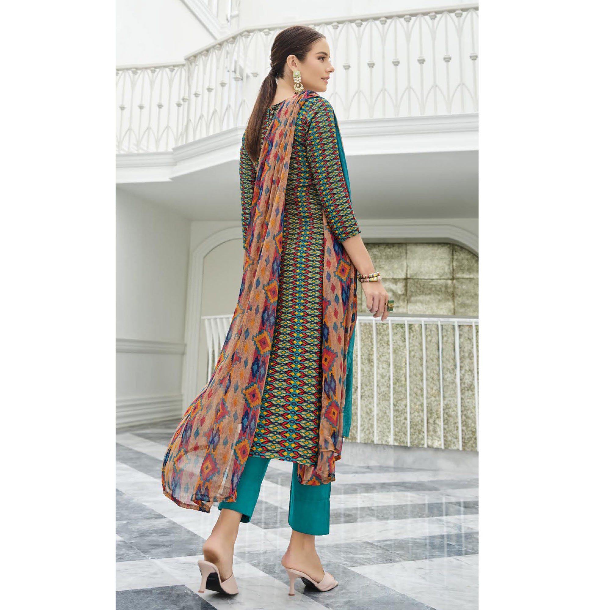Teal Green Printed With Embroidered Rayon Suit