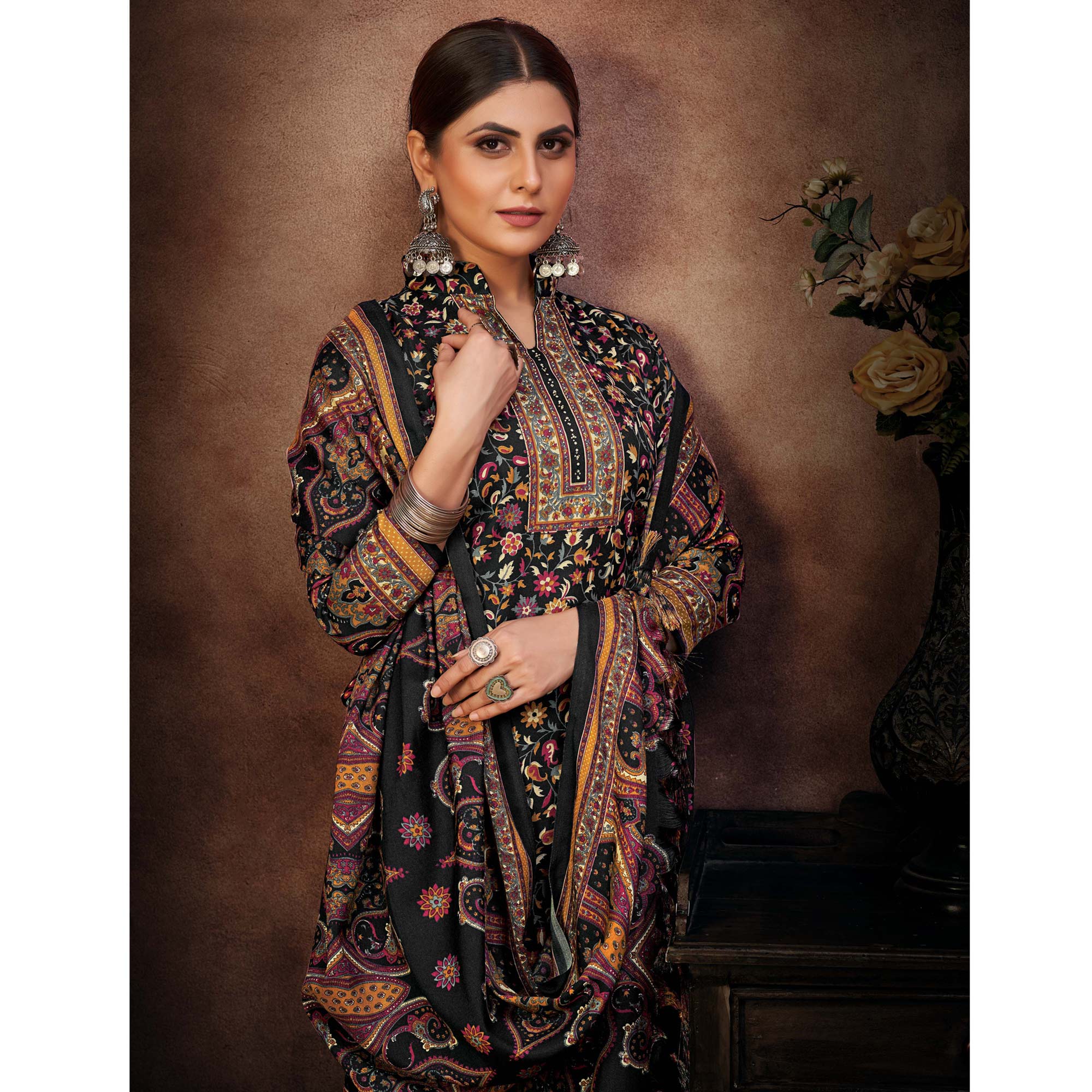 Black Floral Printed With Swarovski Work Pashmina Suit
