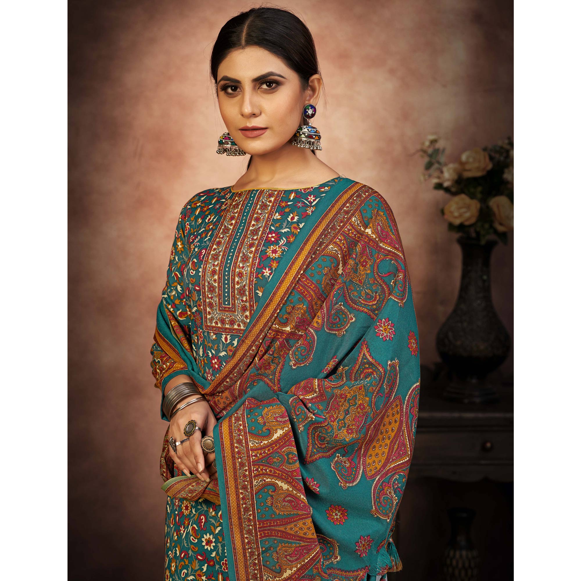 Rama Blue Floral Printed With Swarovski Work Pashmina Suit