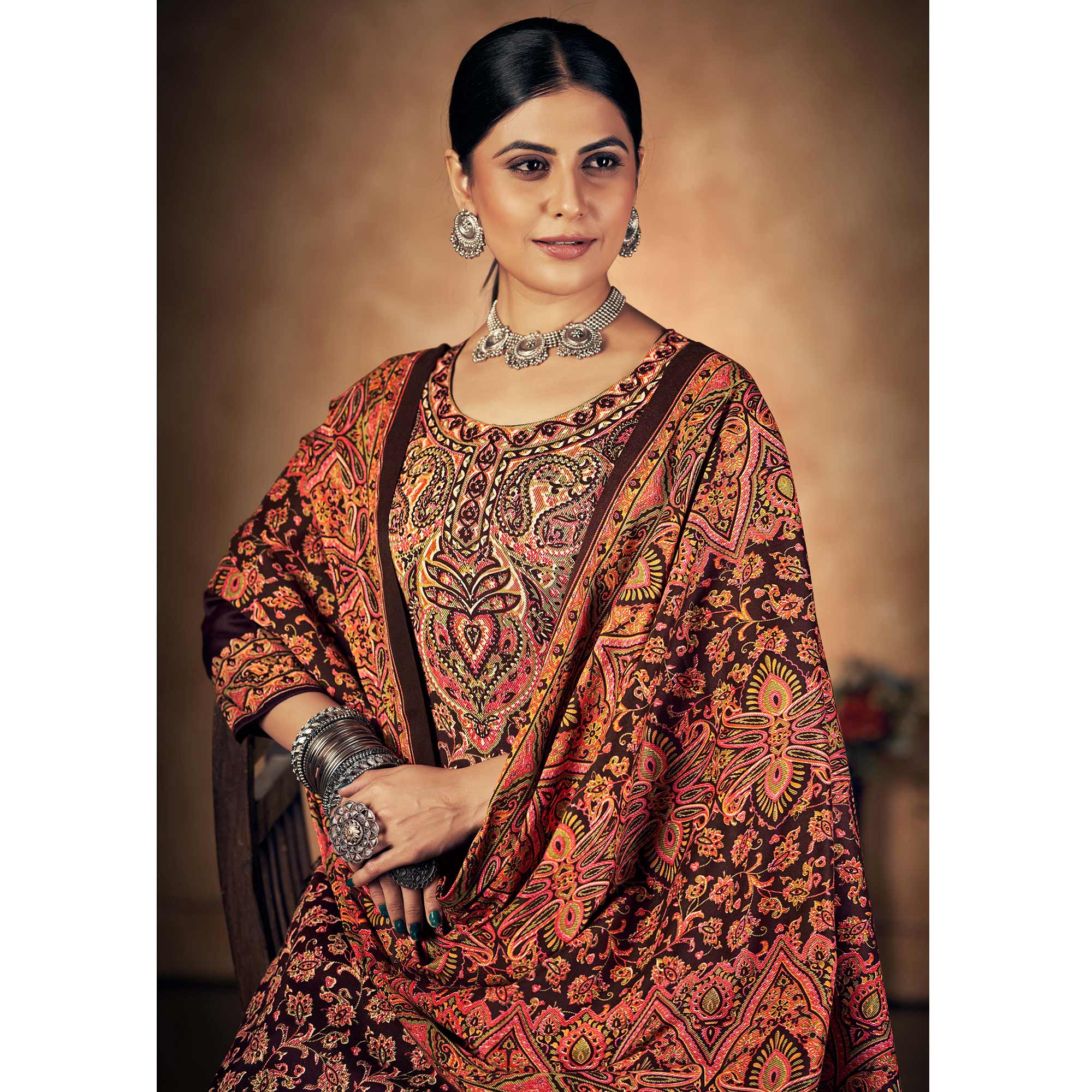 Brown Floral Printed Pashmina Woolen Suit