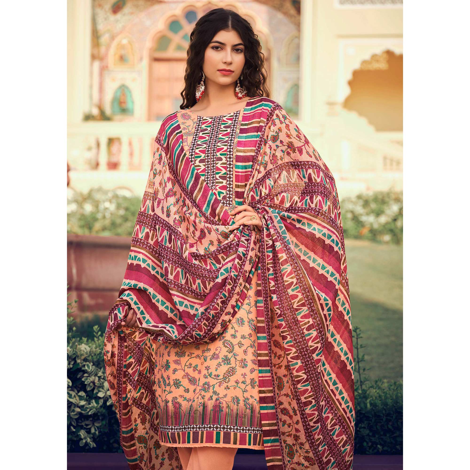 Peach Floral Printed Pure Cotton Suit