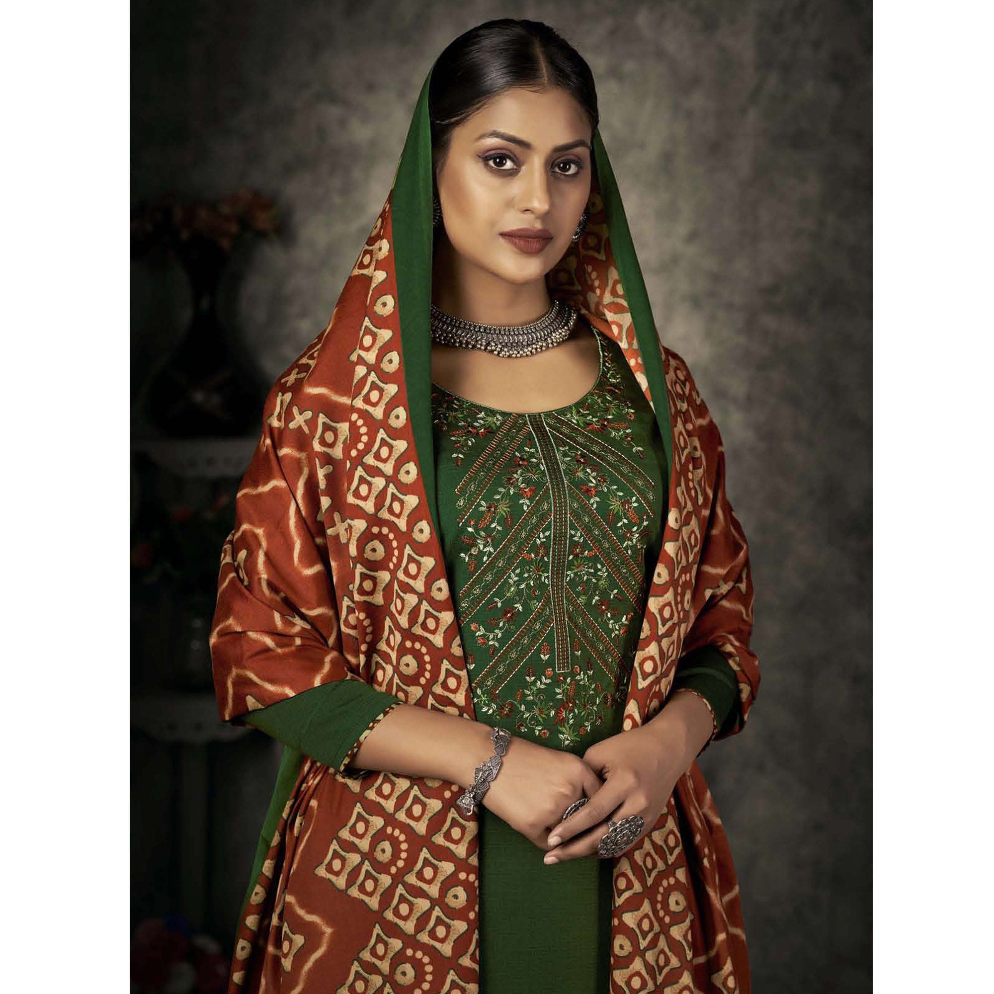 Green Floral Embroidered With Printed Pashmina Salwar Suit
