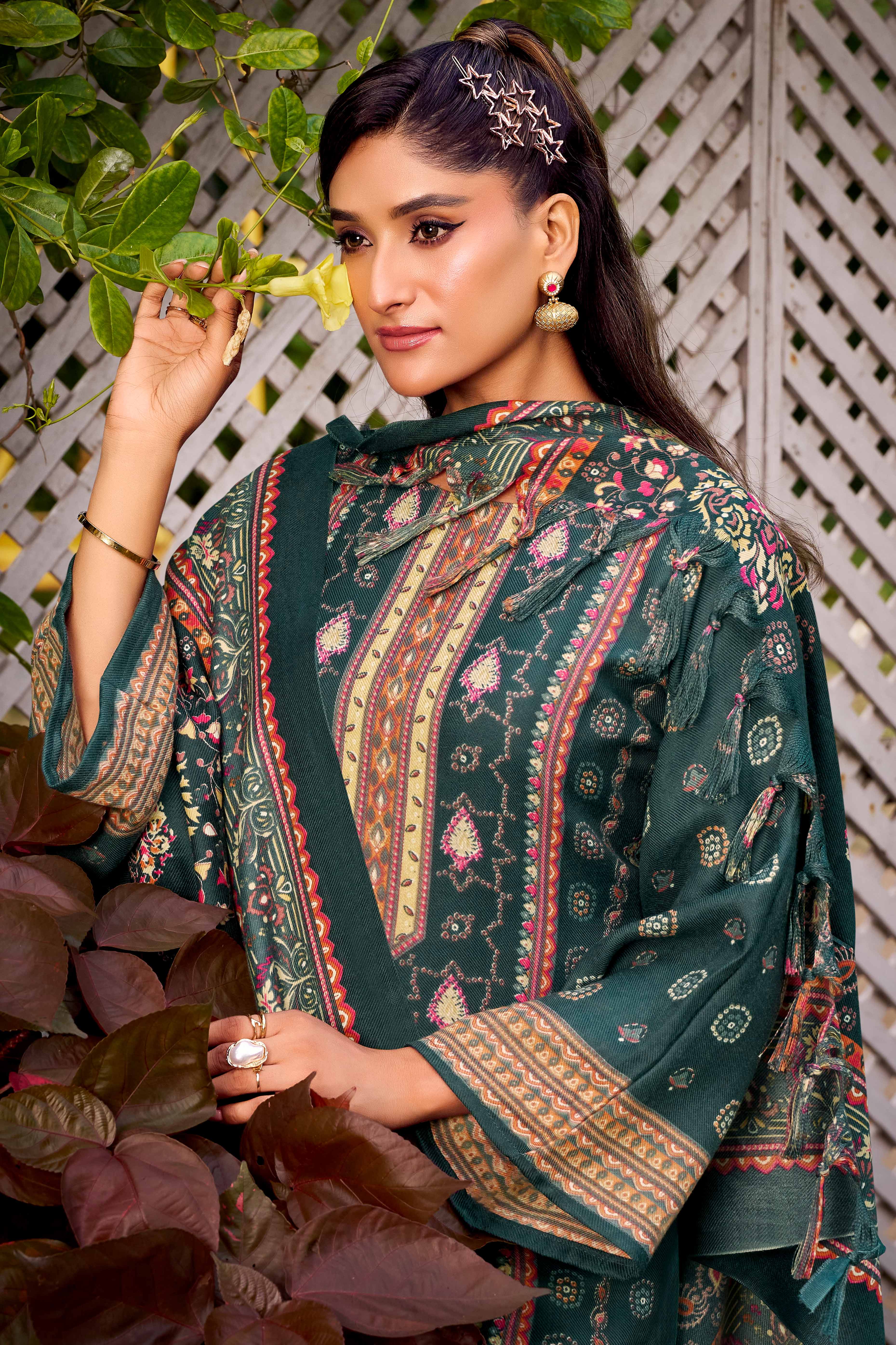 Elegant Teal Green Floral Printed Pure Pashmina Dress Material for Winter Wear