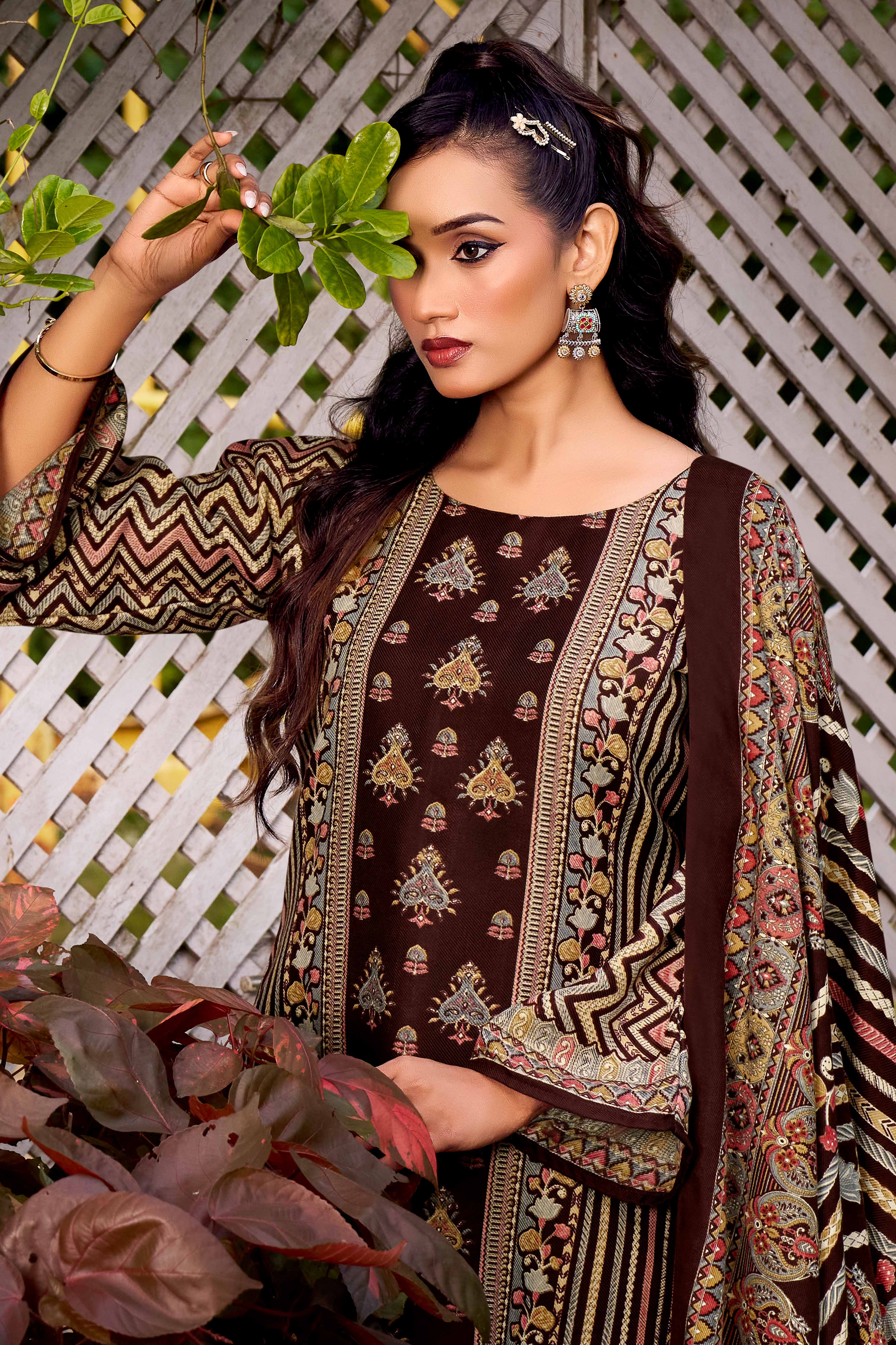 Elegant Coffee Brown Floral Printed Pure Pashmina Dress Material for Winter Wear
