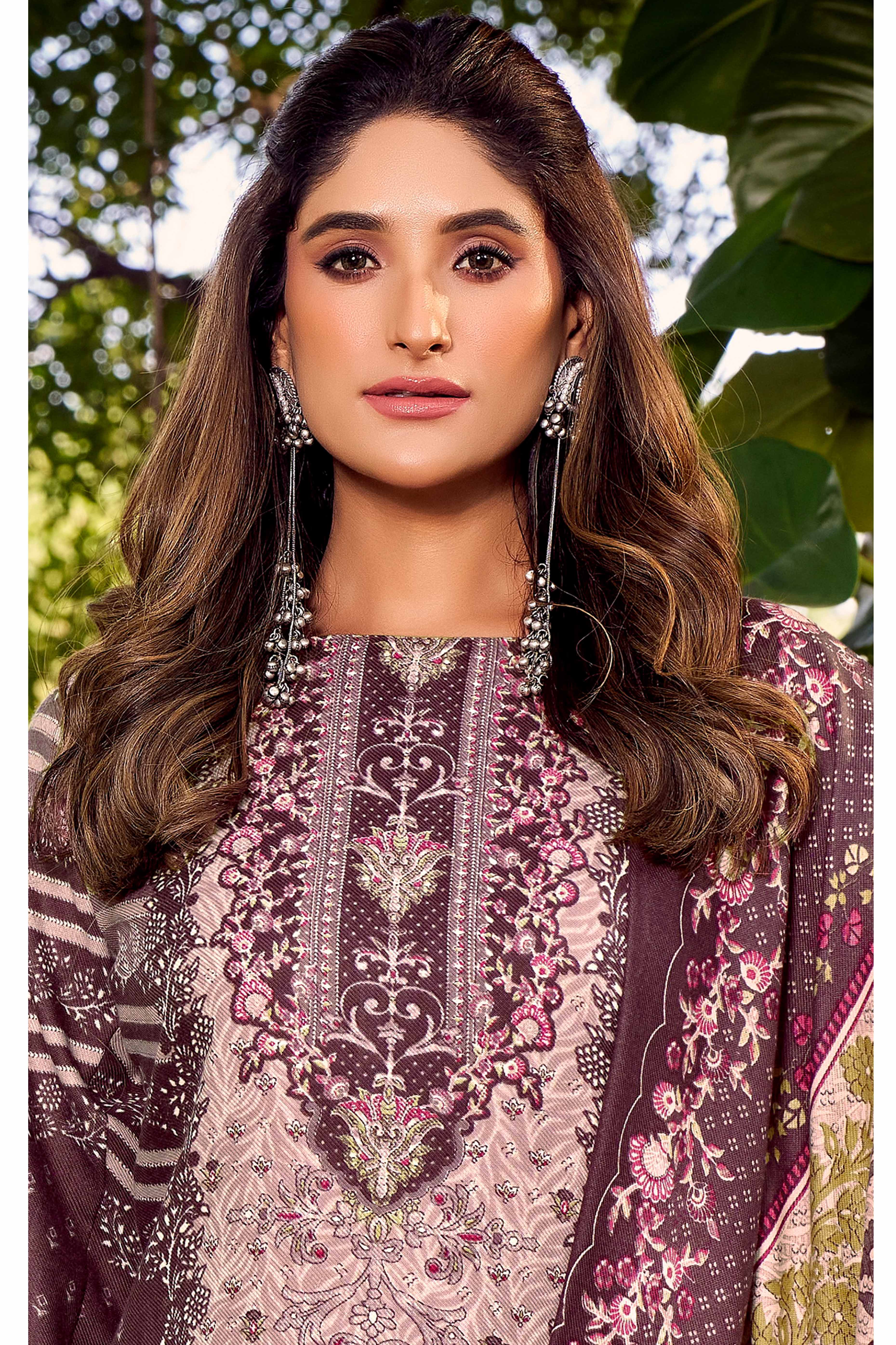 Elegant Mauve Floral Printed Pure Pashmina Dress Material for Winter Wear