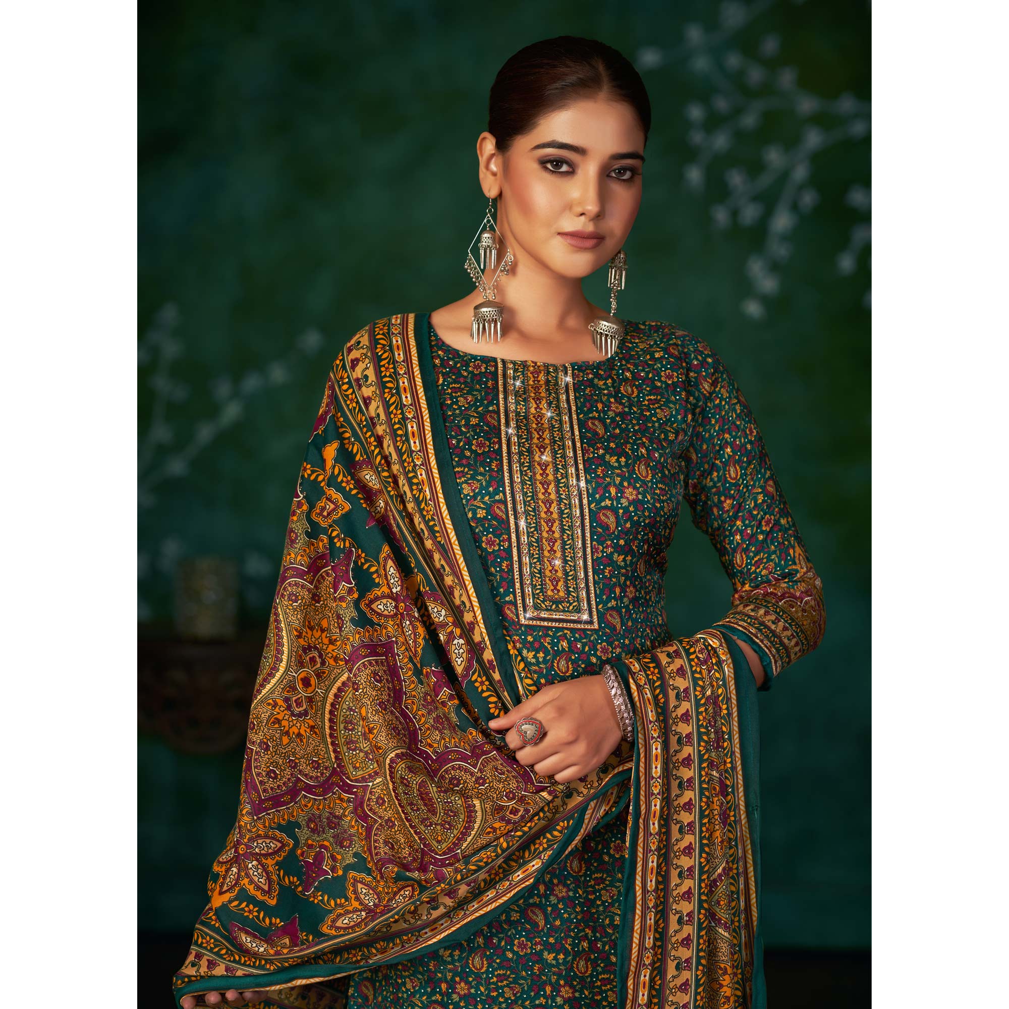 Morpich Floral Printed With Swarovski Work Pashmina Suit