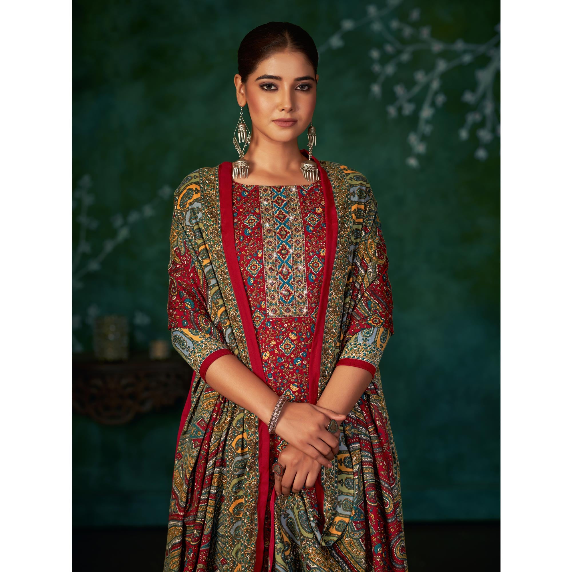 Red Floral Printed With Swarovski Work Pashmina Suit