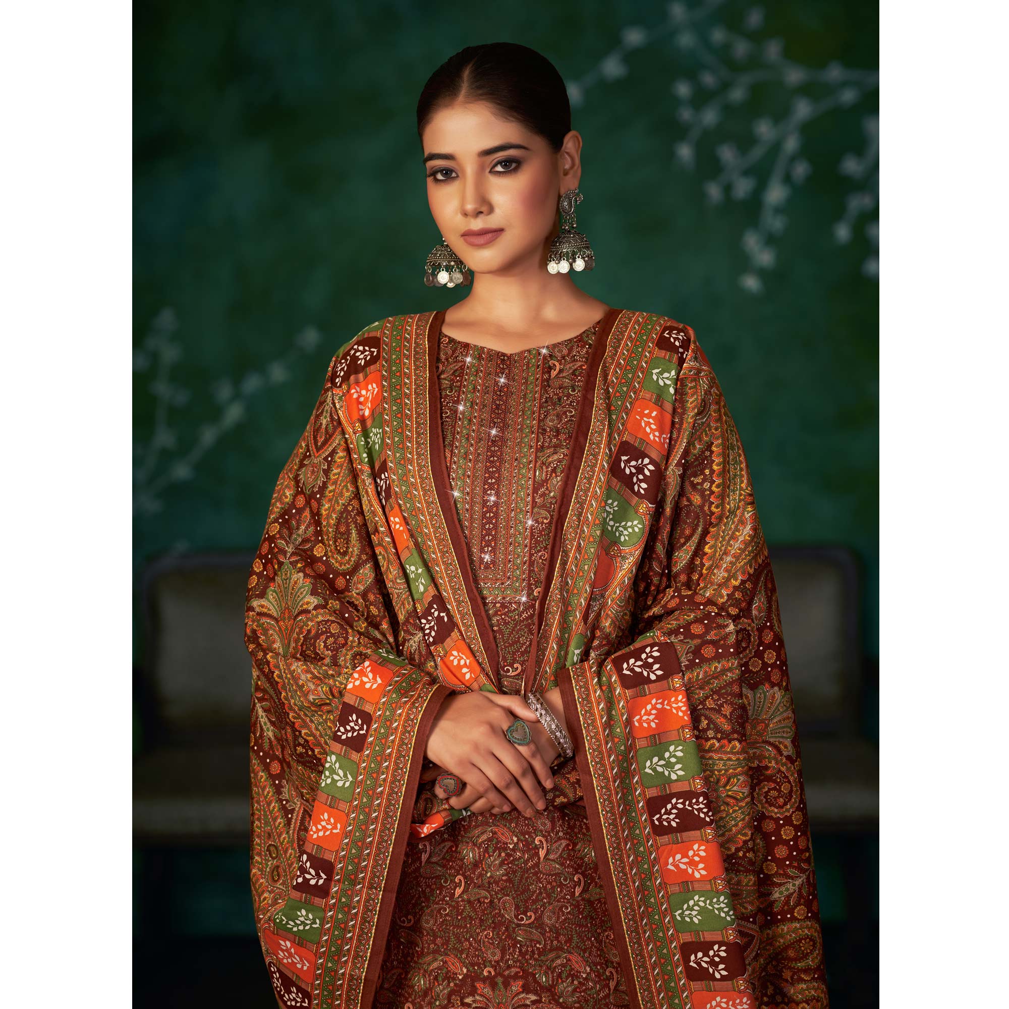 Brown Floral Printed With Swarovski Work Pashmina Suit