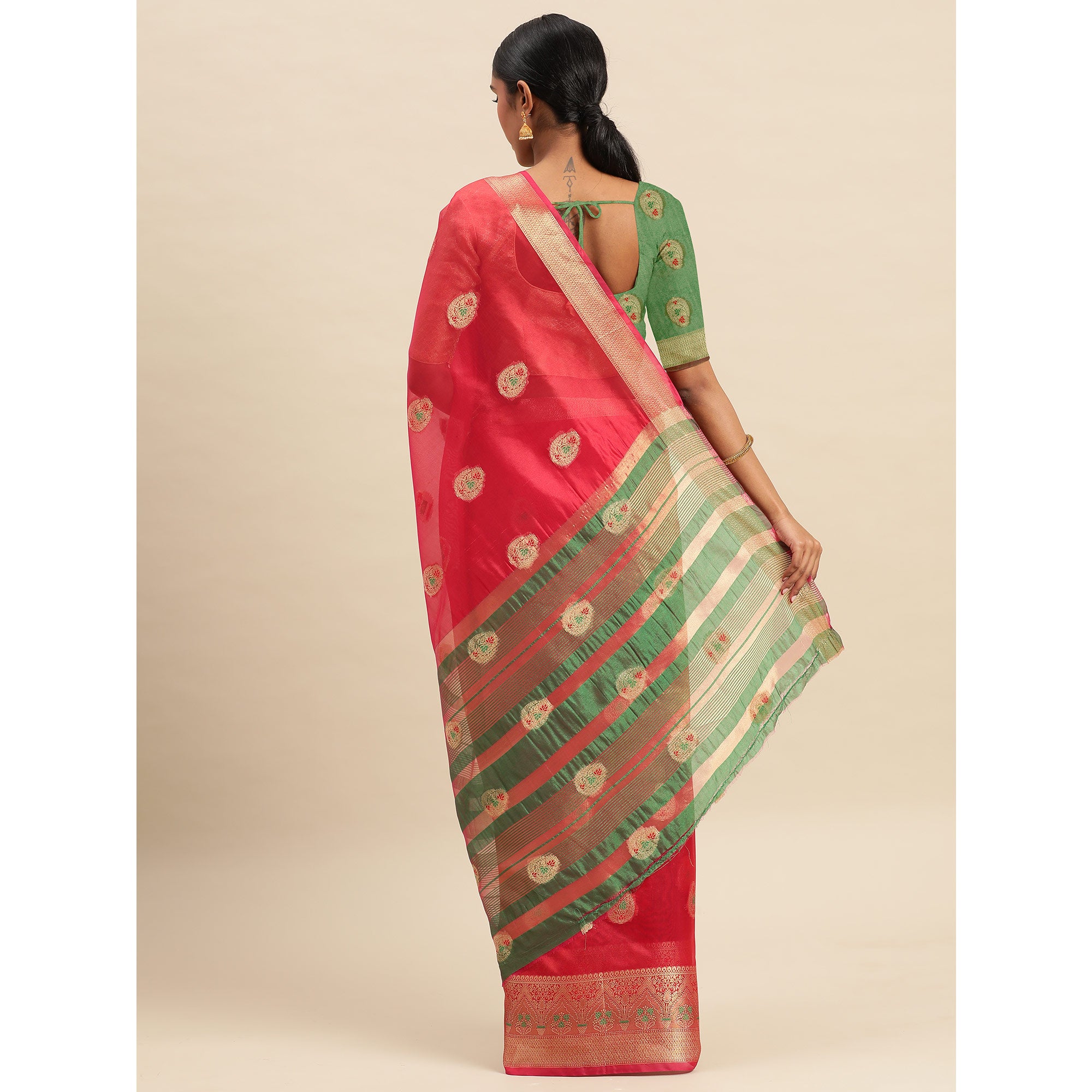 Rani Pink Woven Organza Saree