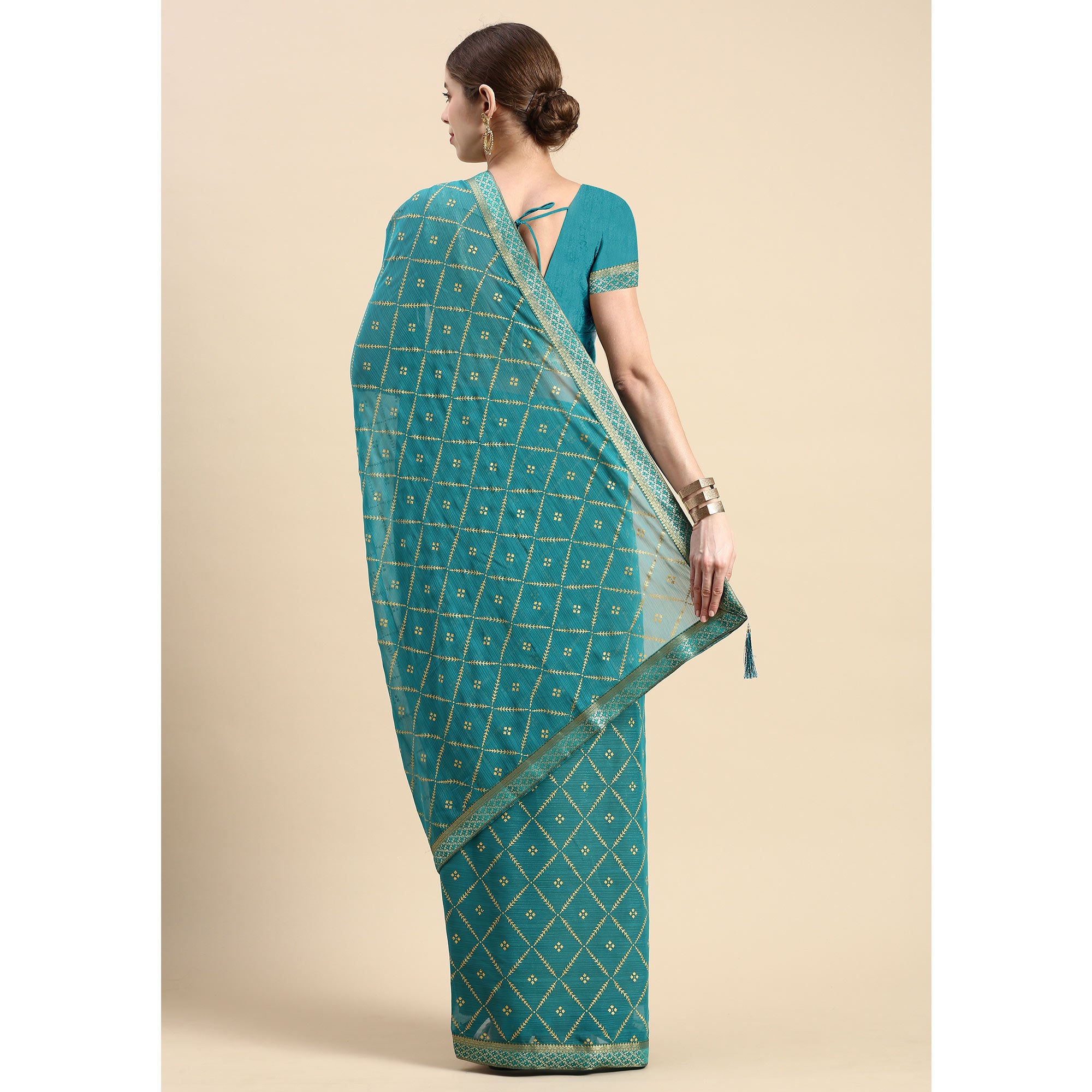 Turquoise Green Floral Foil Printed Zomato Saree