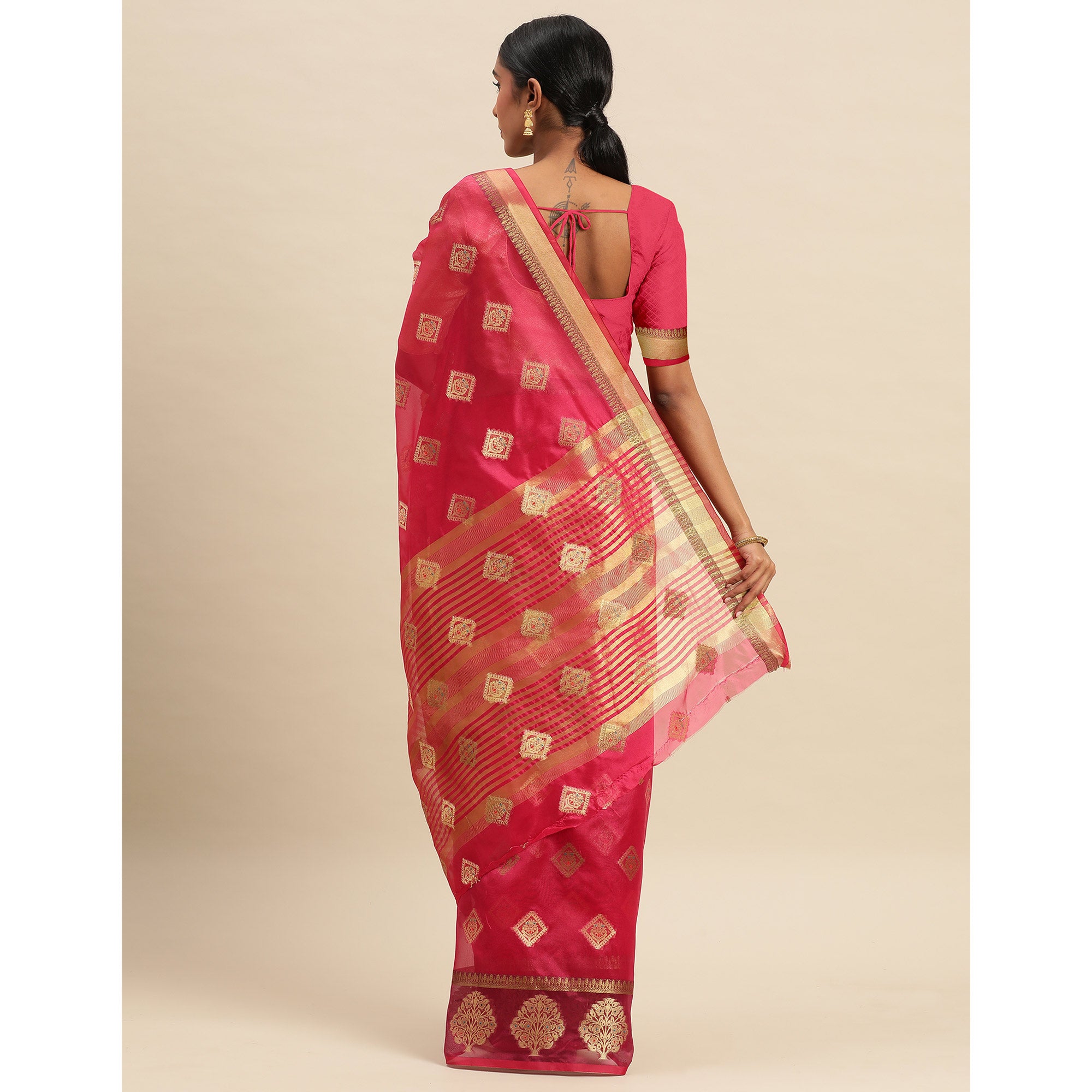 Rani Pink Woven Organza Saree