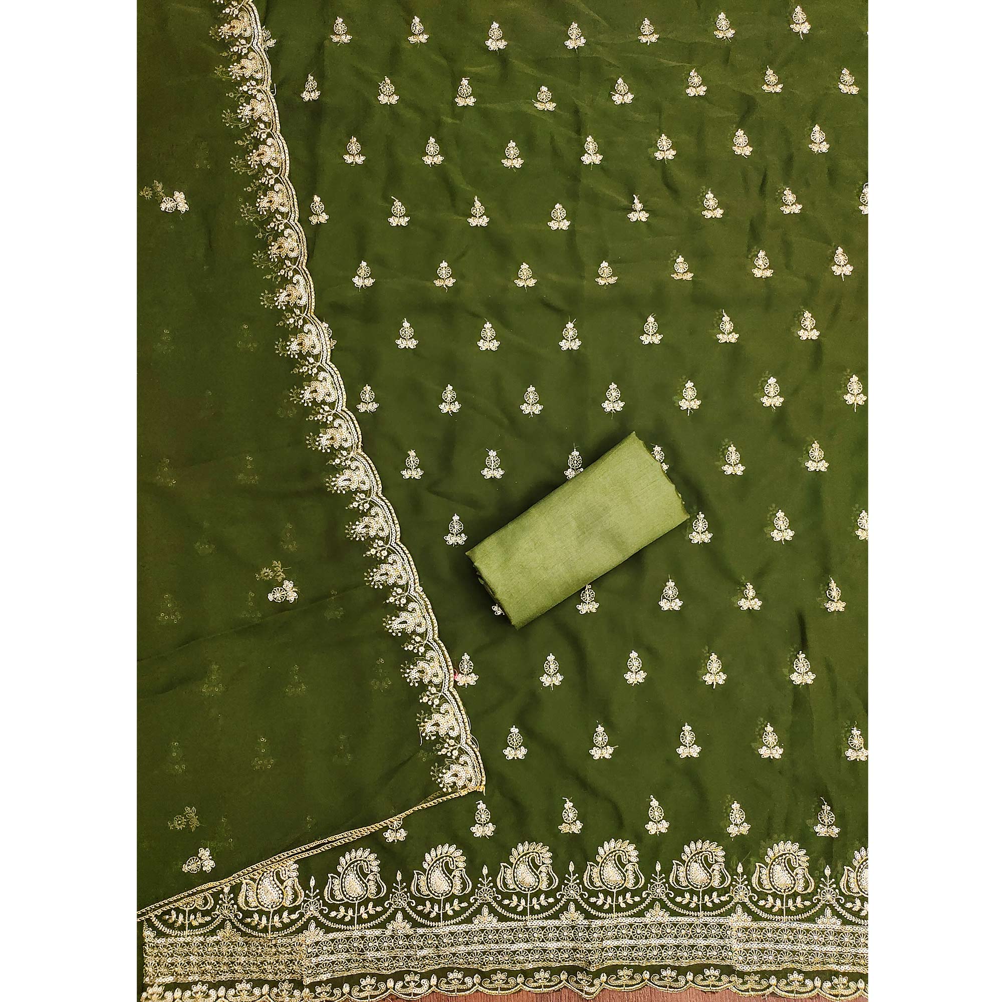 Green Georgette Dress Material with Sparkling Sequin Embroidery