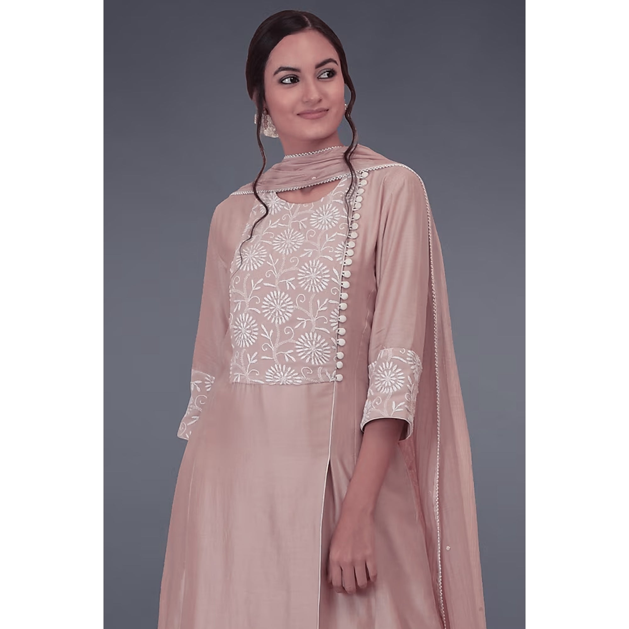 Pink Floral Embroidered Viscose Suit