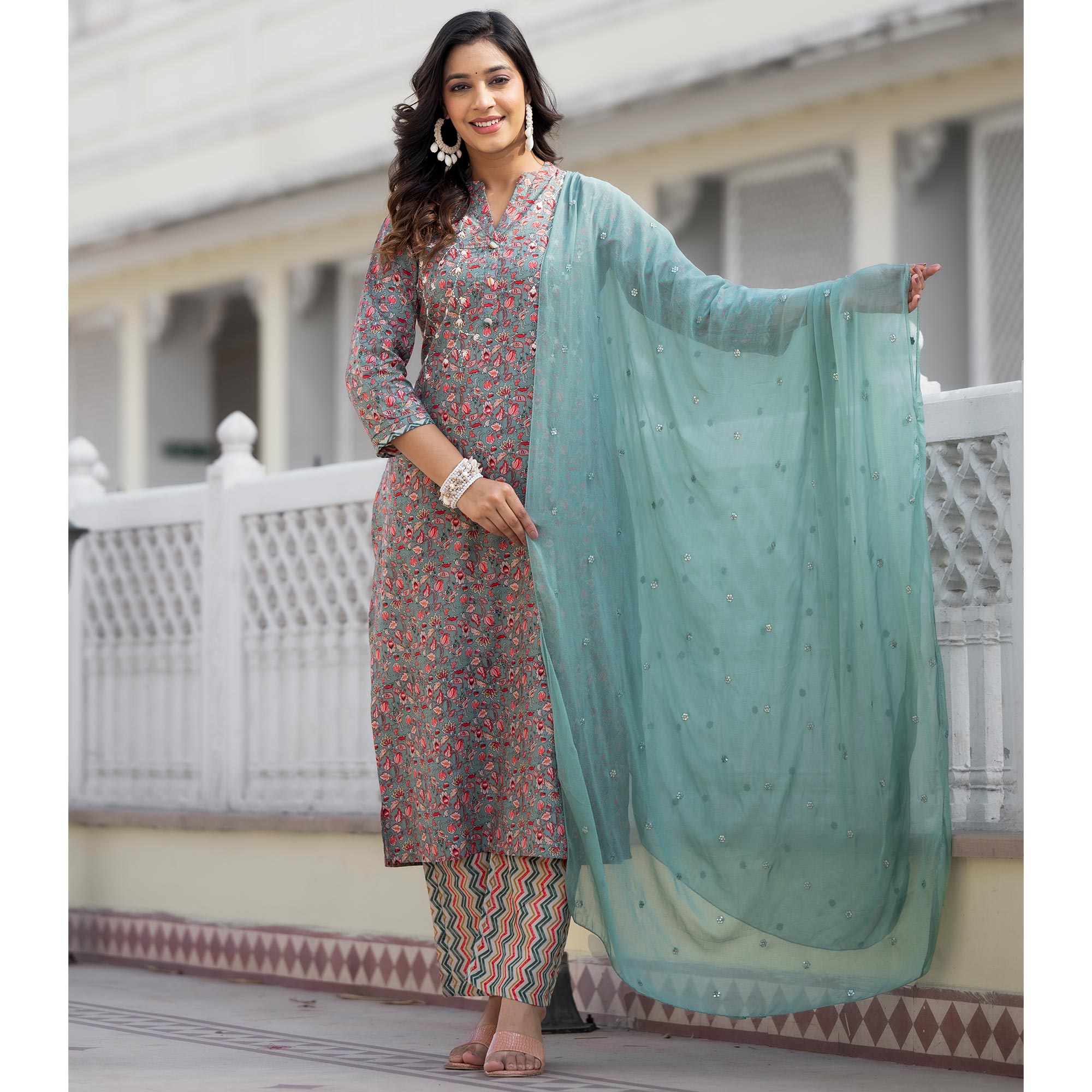 Green Floral Printed Pure Cotton Straight Salwar Suit
