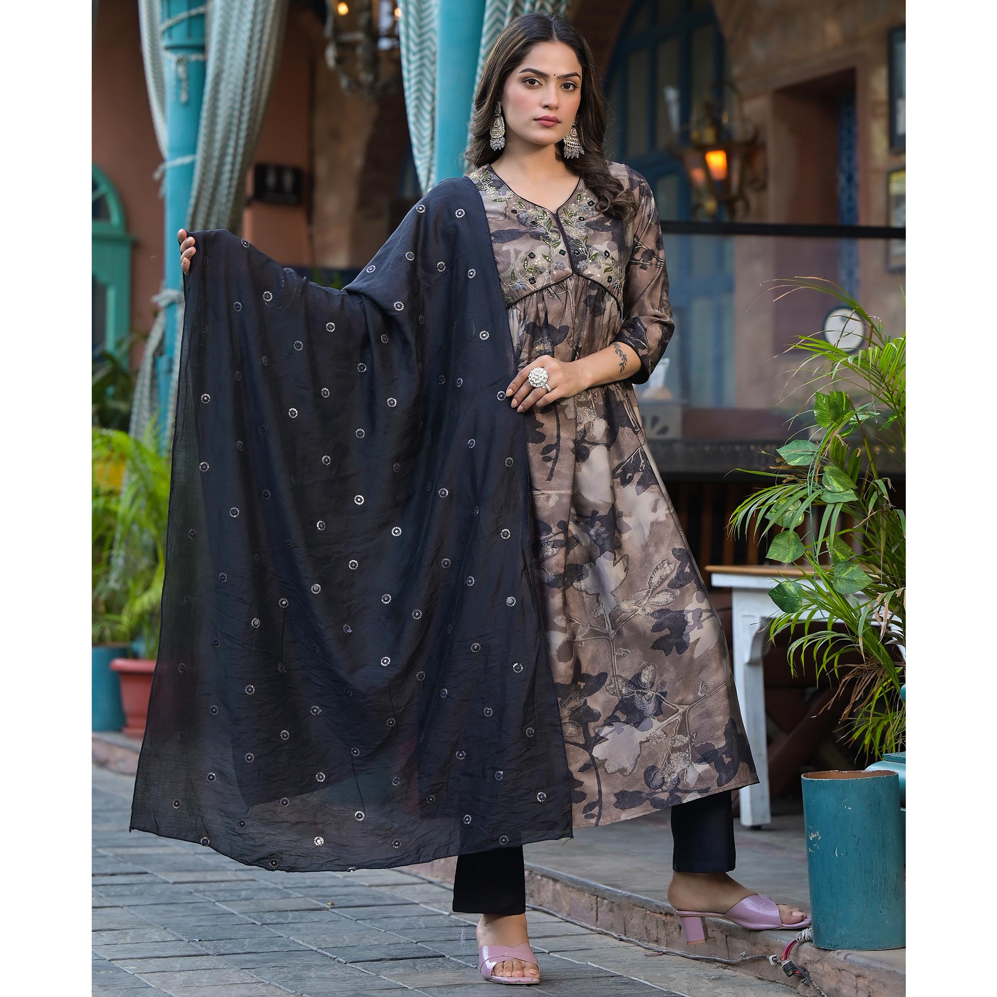 Chikoo & Black Floral Printed Alia Cut Chanderi Silk Salwar Suit