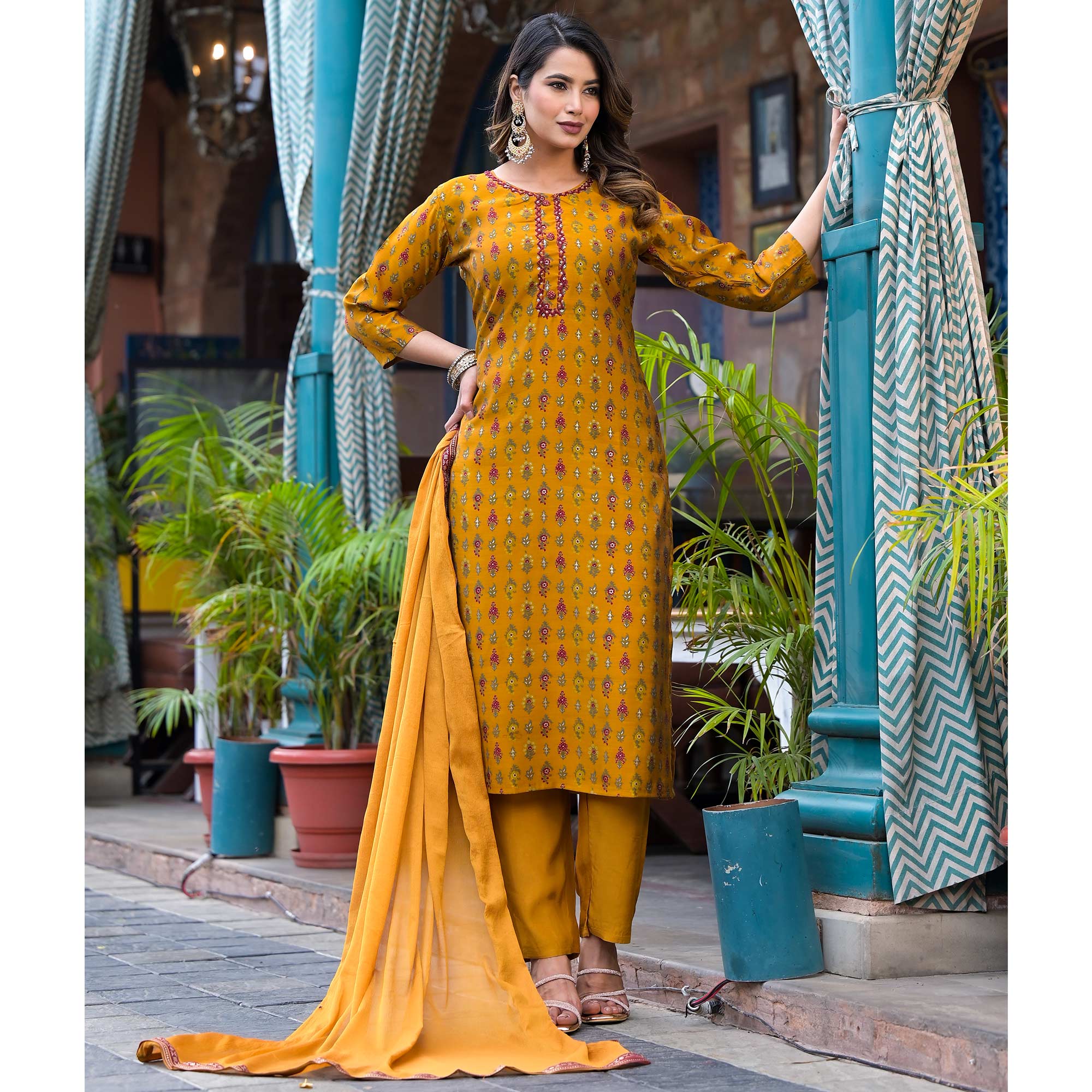 Mustard Floral Kantha Work Embroidered Chanderi Silk Salwar Suit