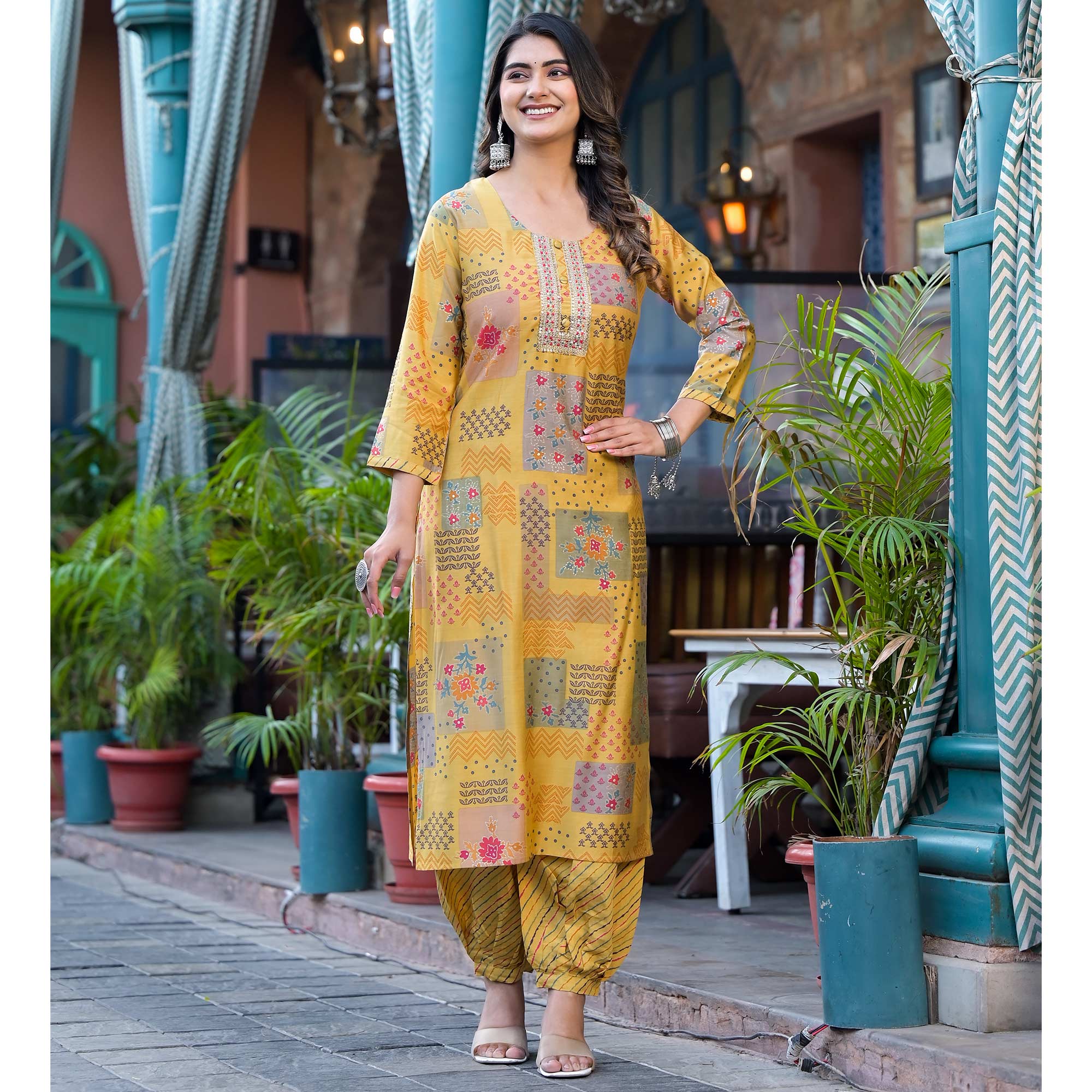 Yellow Digital Printed Chanderi Silk Salwar Suit