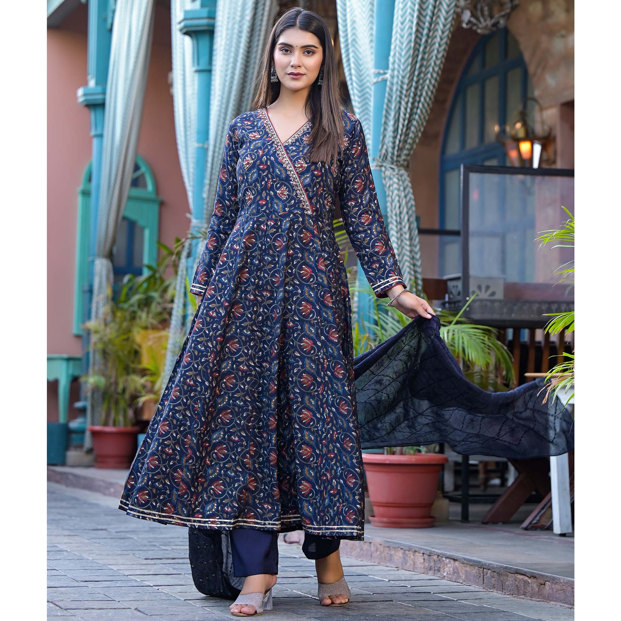 Blue Floral Printed Chanderi Silk Anarkali Salwar Suit