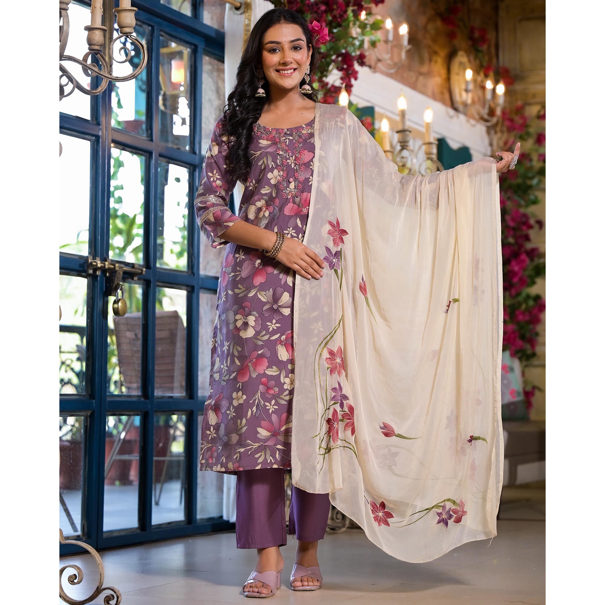 Plum Purple Floral Printed Chanderi Silk Straight Salwar Suit