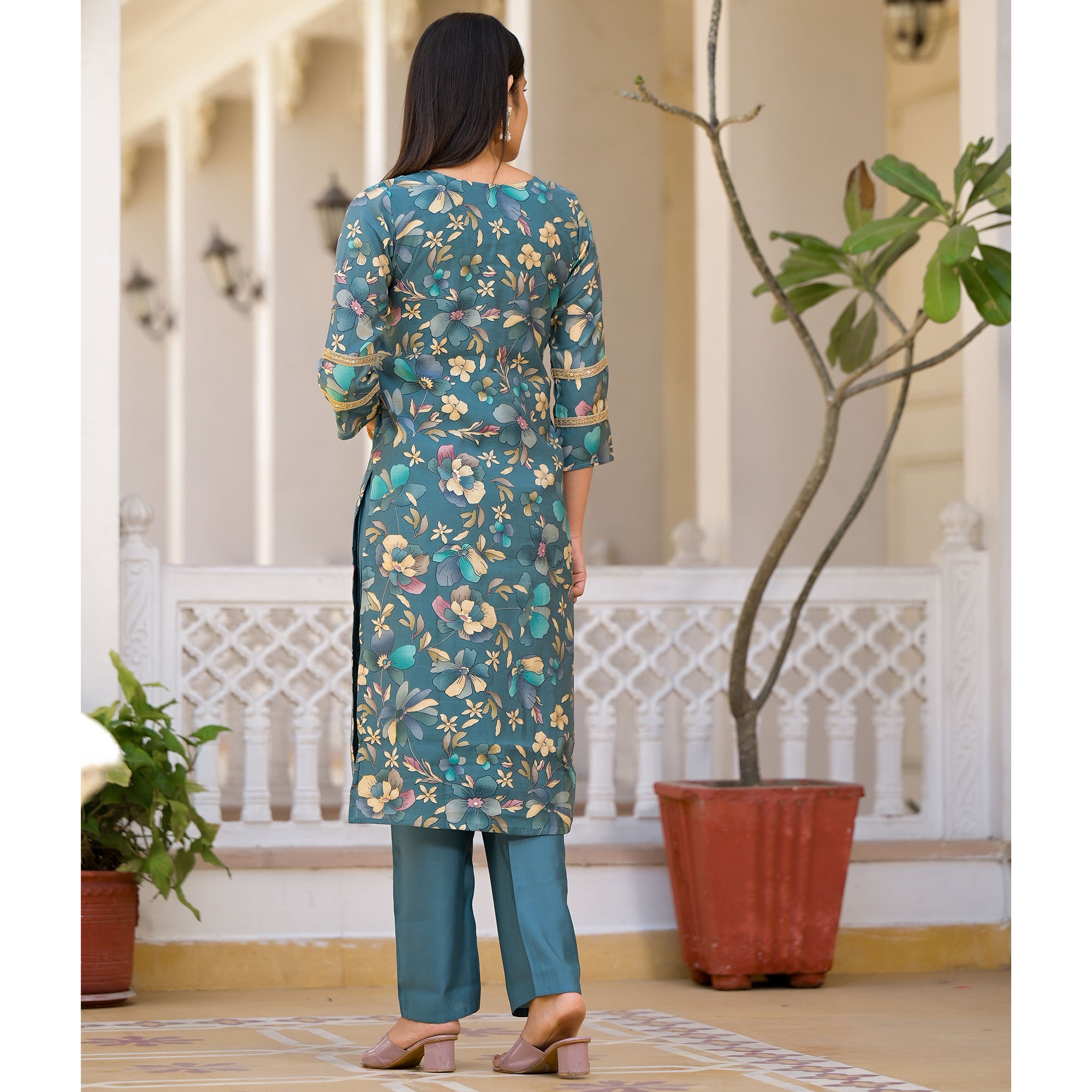 Turquoise Floral Printed Chanderi Silk Straight Salwar Suit