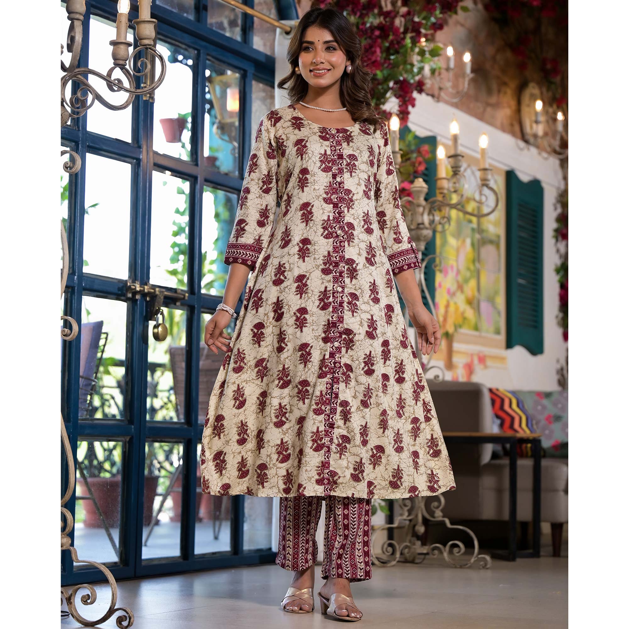 Chikoo & Maroon Floral Foil Printed Rayon A-Line Salwar Suit