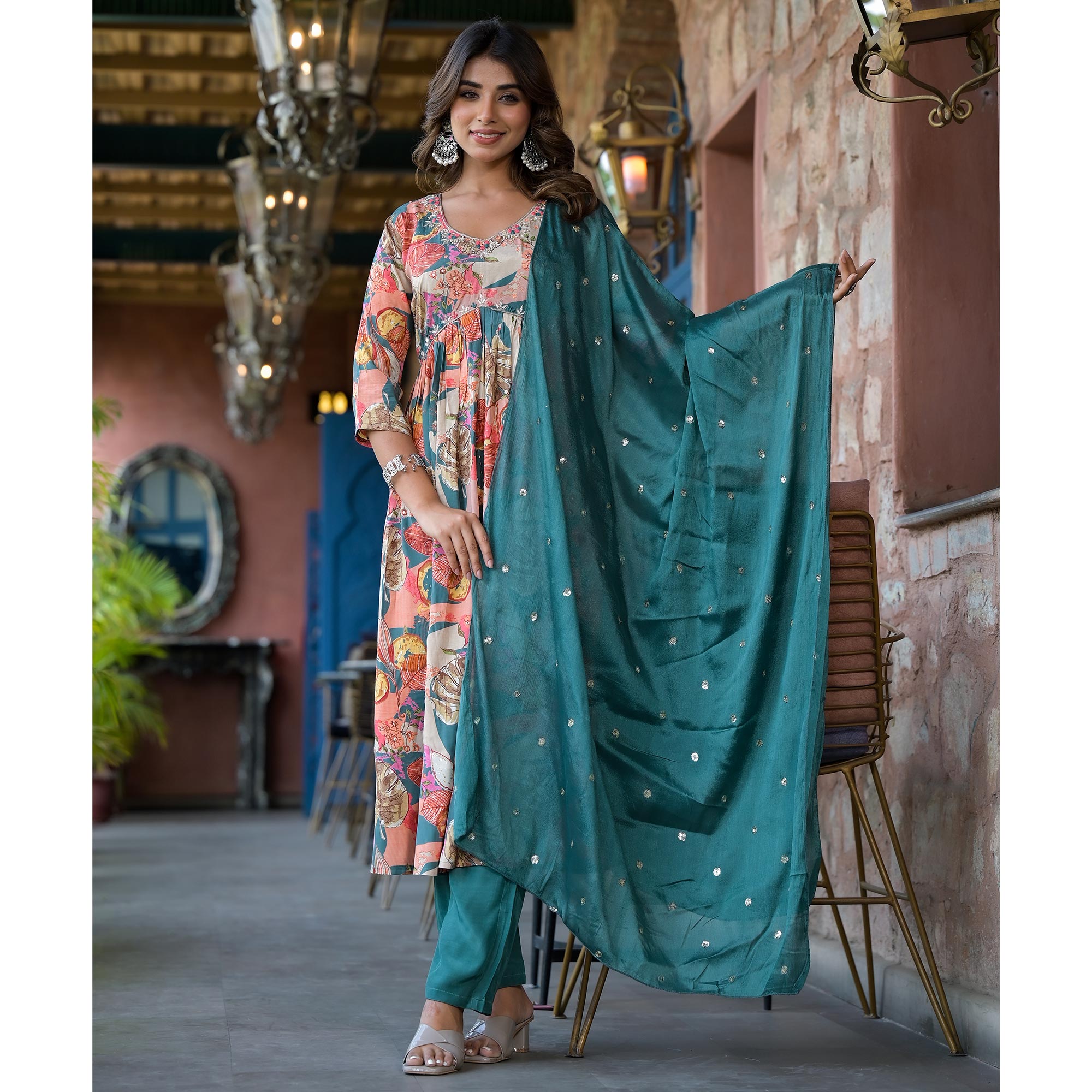 Teal Blue Floral Foil Printed Muslin Alia Cut Salwar Suit With Handcrafted