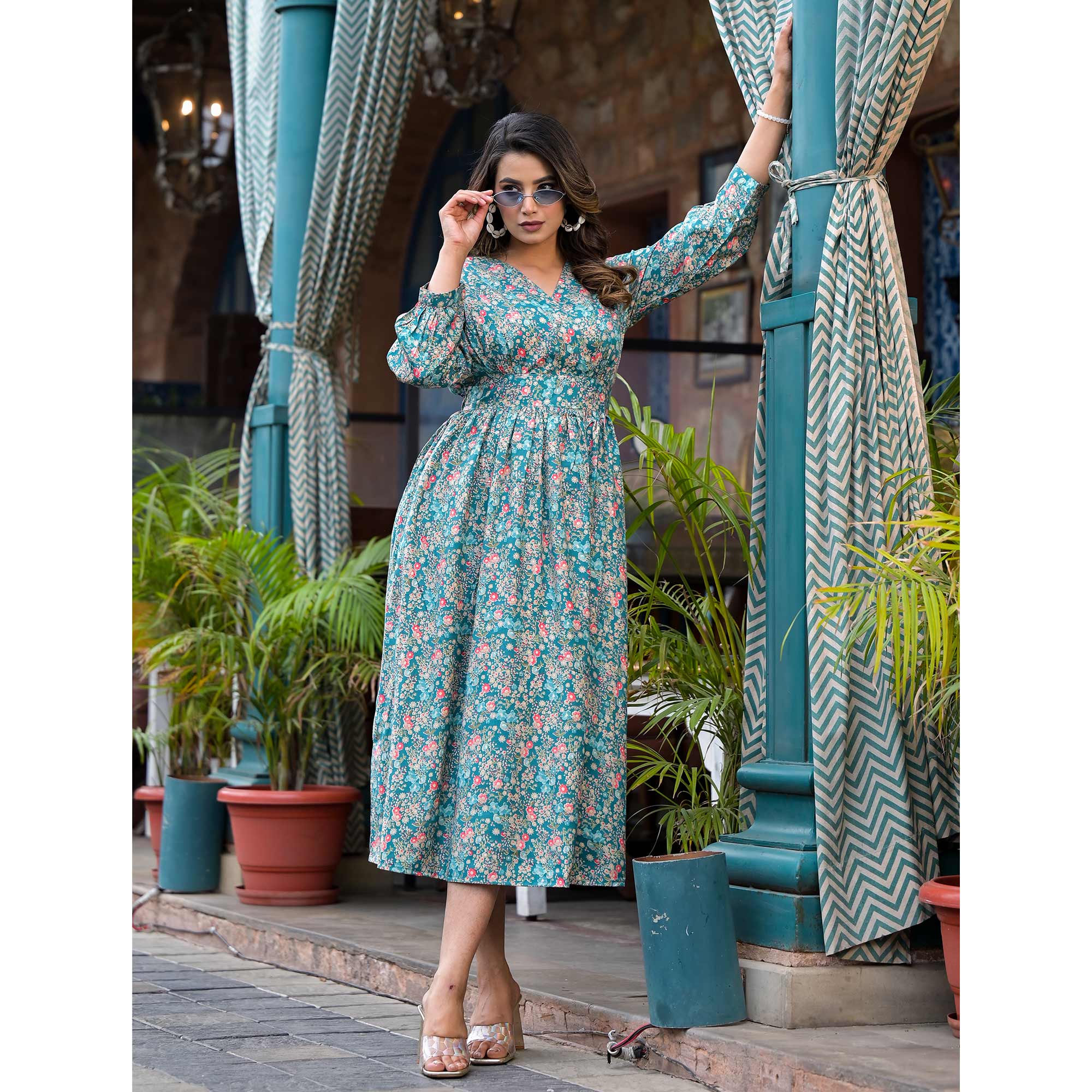 Turquoise Floral Printed Muslin A-line Dress