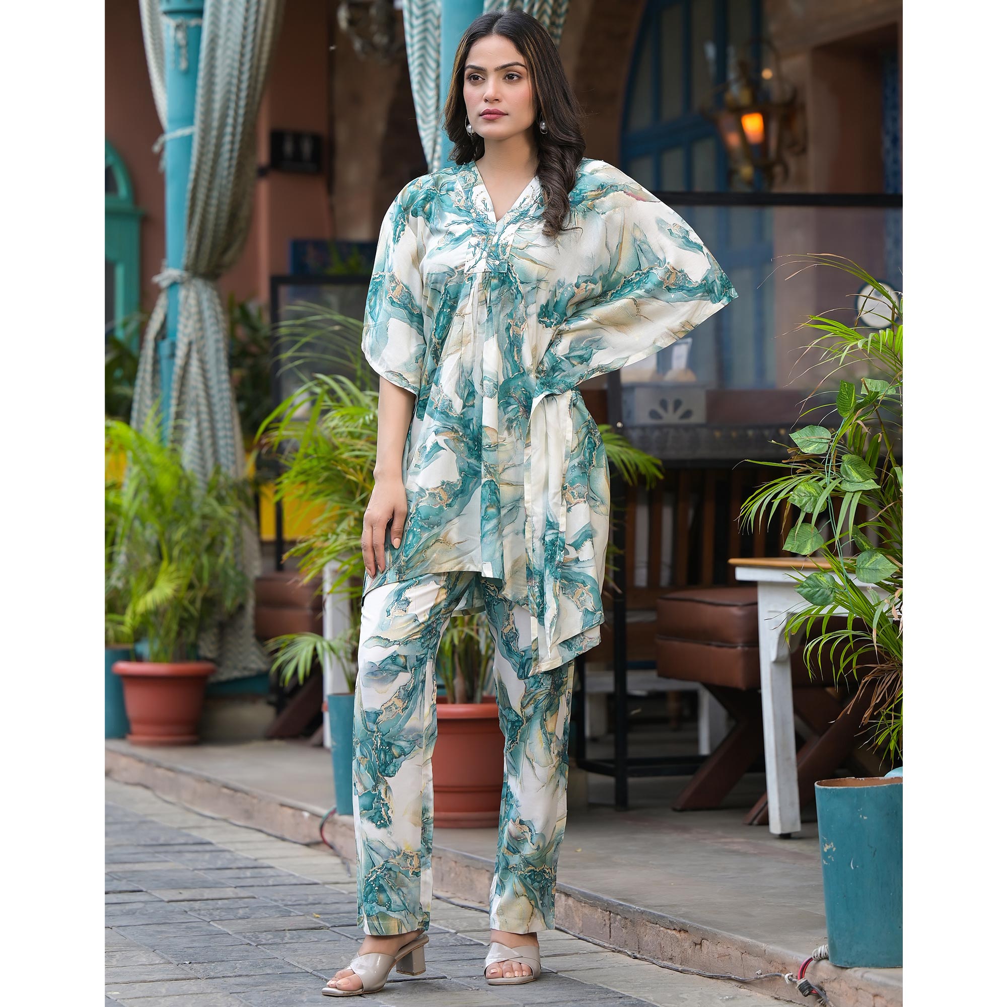 Green Foil Printed Rayon Kaftan Co-Ord Set