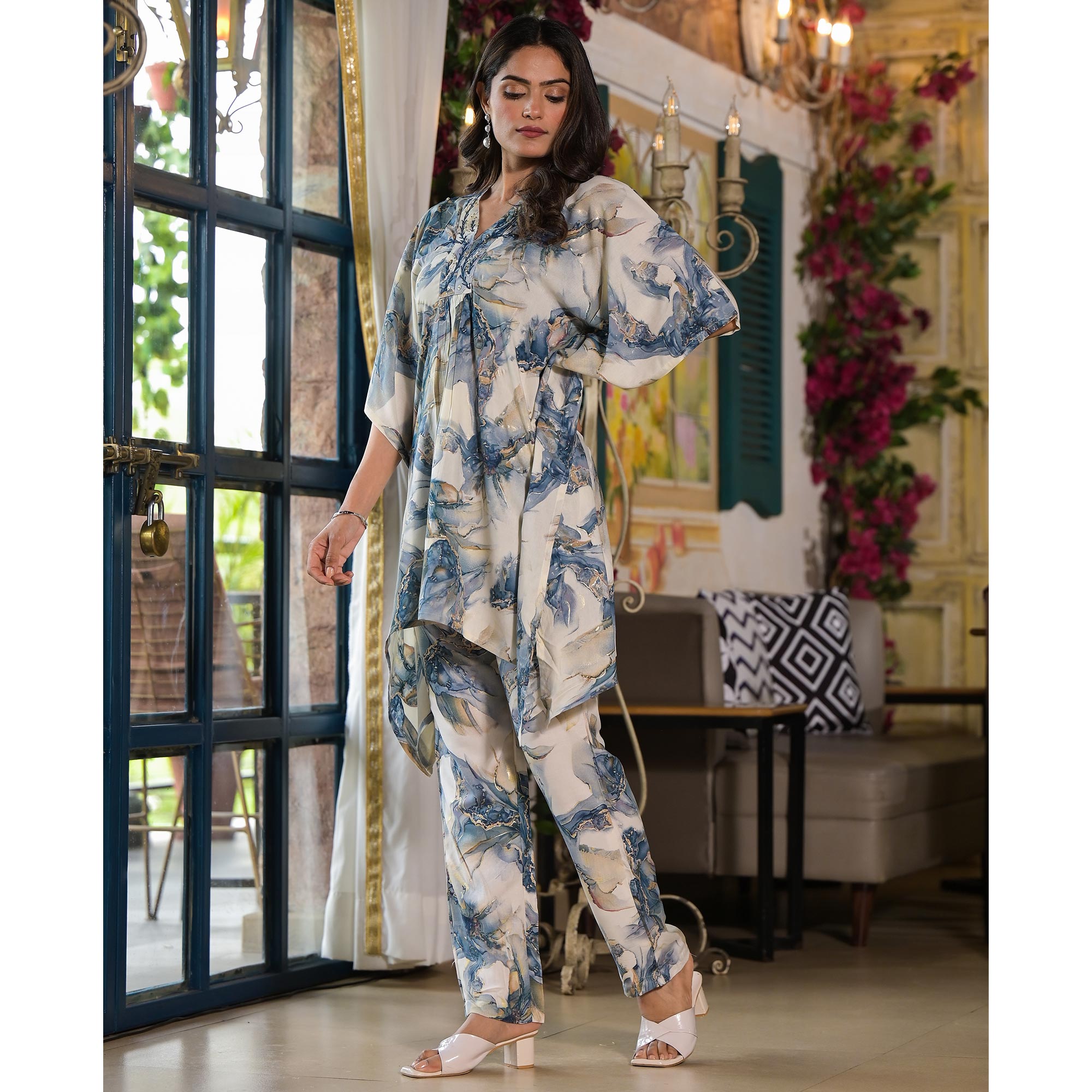 Grey Foil Printed Rayon Kaftan Co-Ord Set