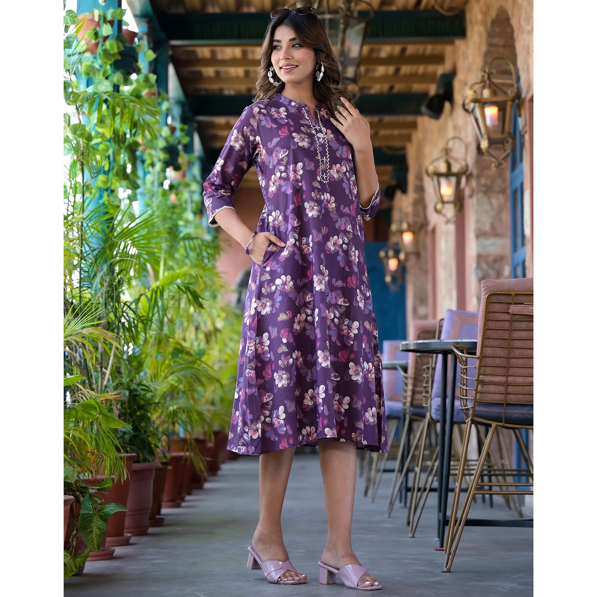 Dark Purple Floral Foil Printed Giza Cotton A-Line Dress
