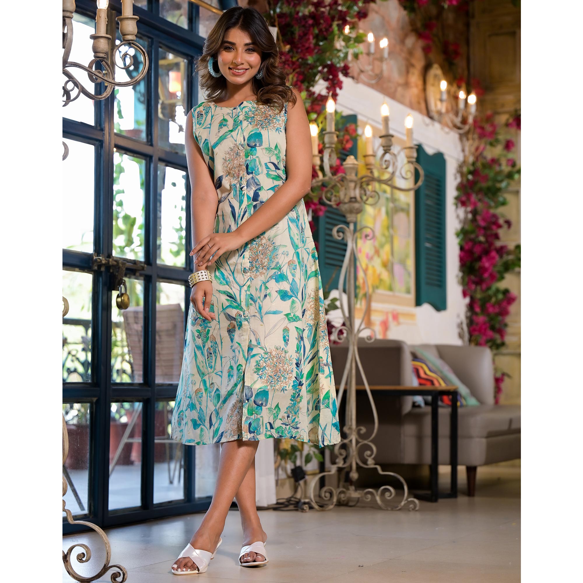 Off White & Turquoise Floral Printed Mulmul Cotton A-Line Sleeveless Dress