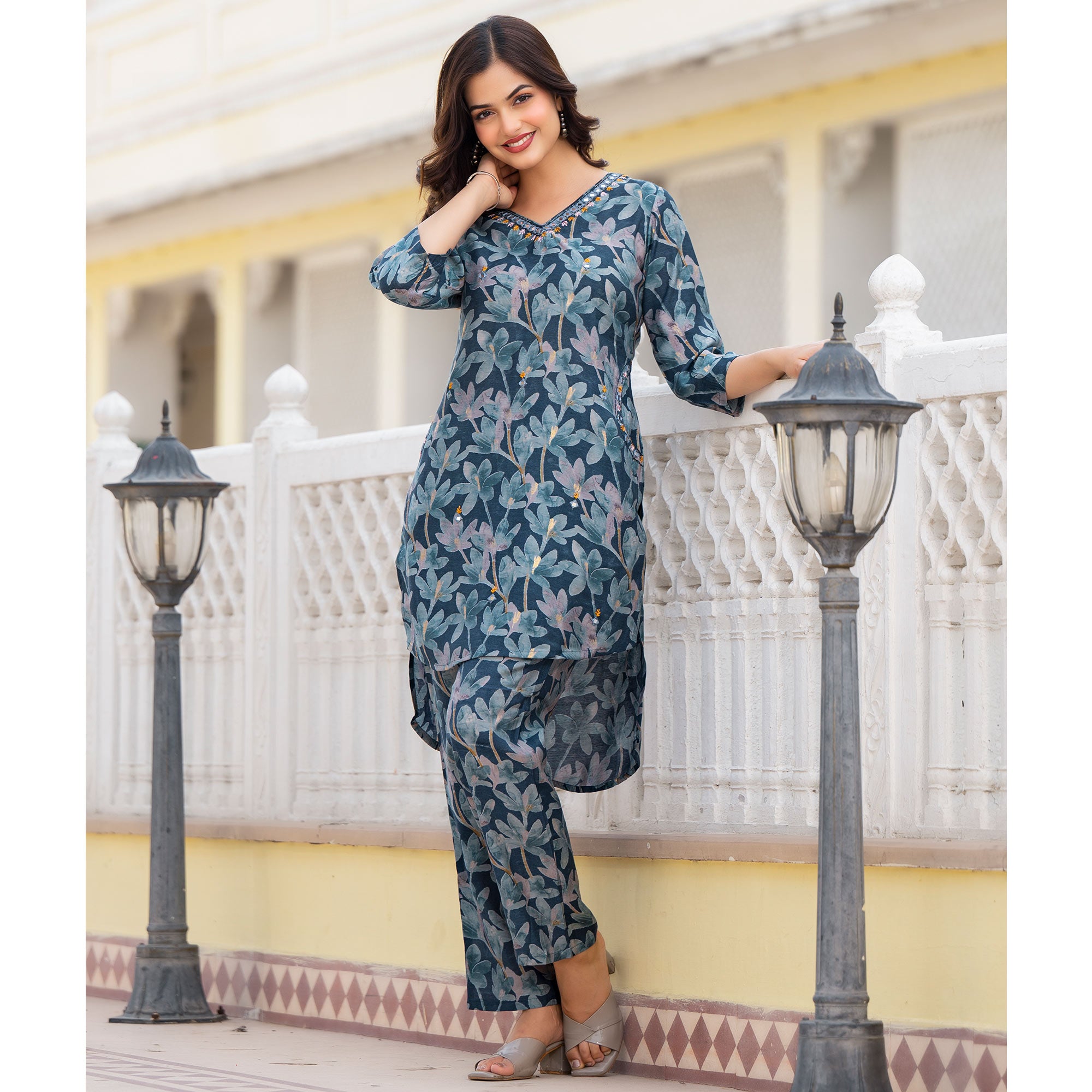Teal Blue Floral Printed Chanderi Silk Co-Ord Set