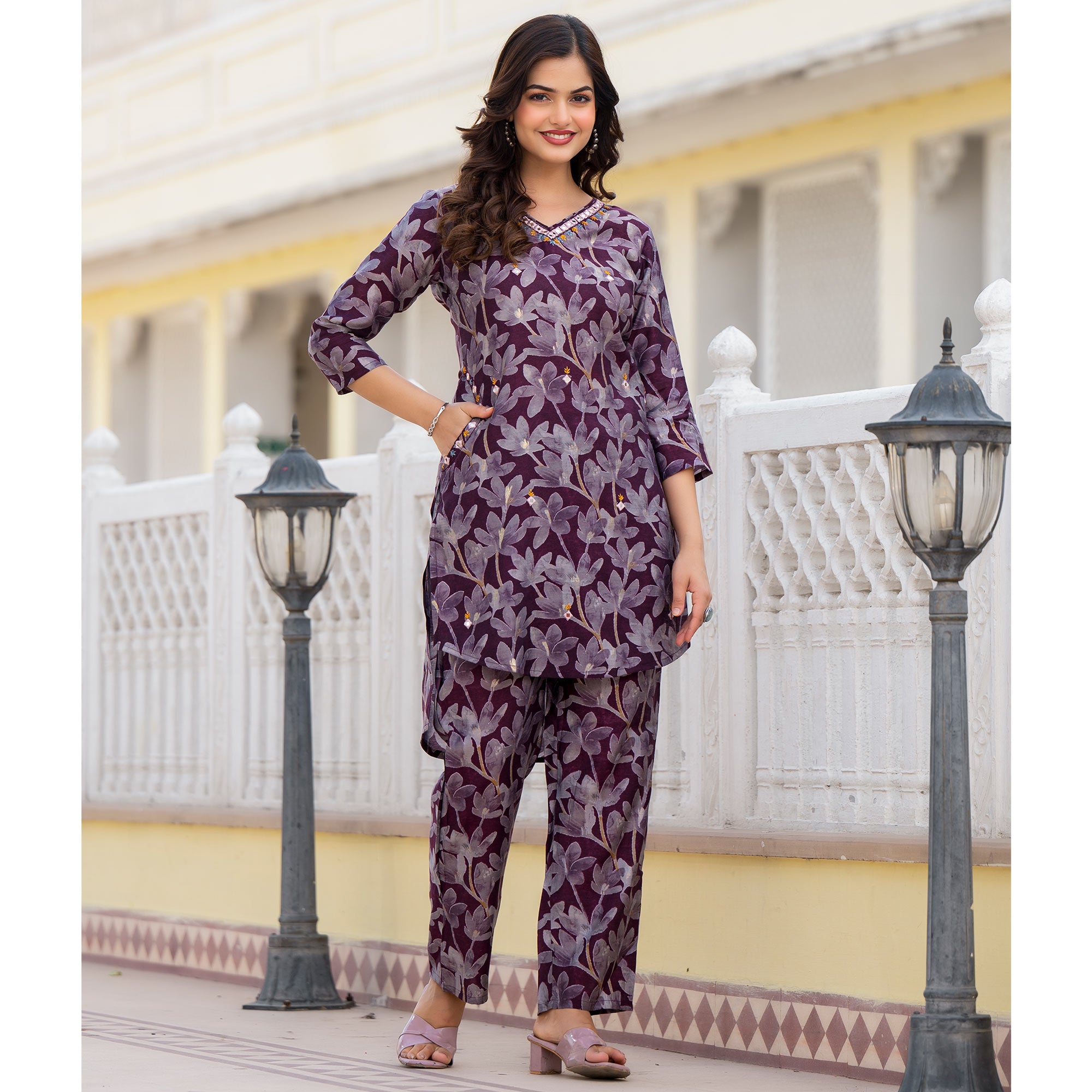 Wine Floral Printed Chanderi Silk Co-Ord Set