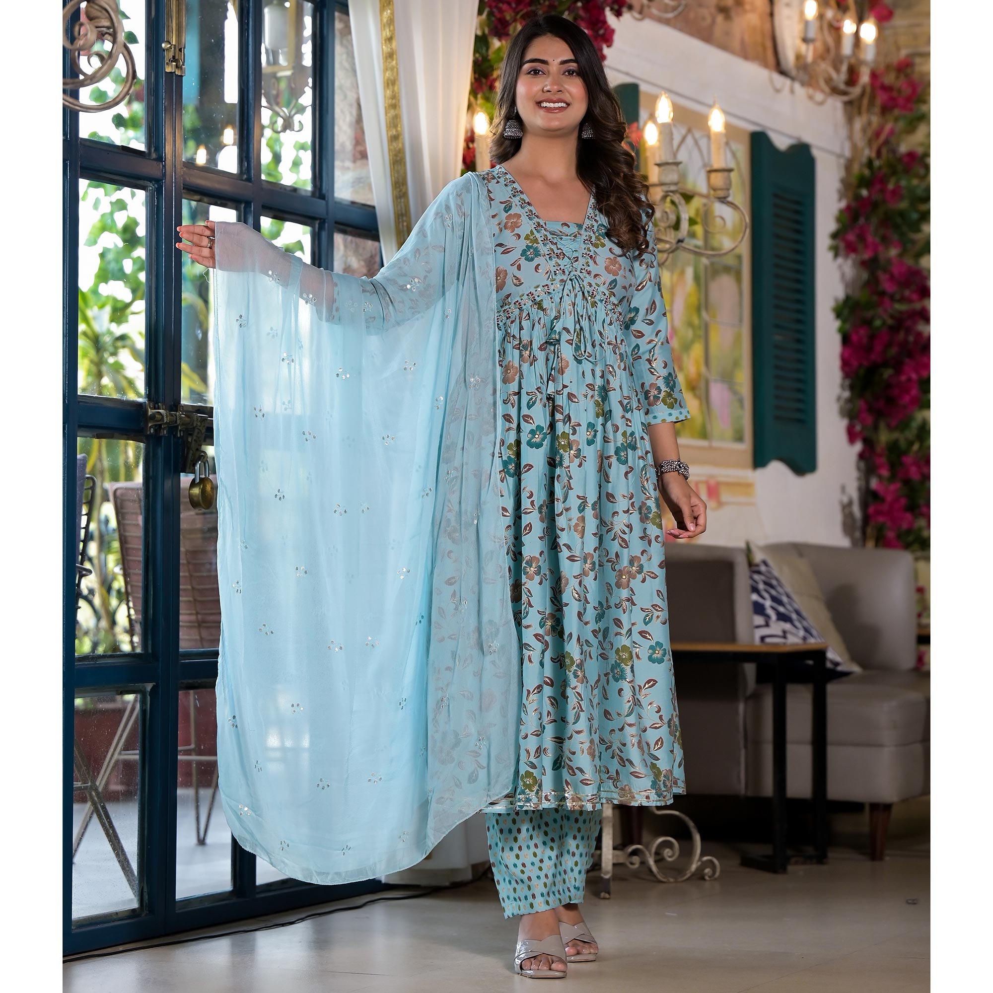 Turquoise Floral Alia Cut Chanderi Silk Salwar Suit With Zardosi Work