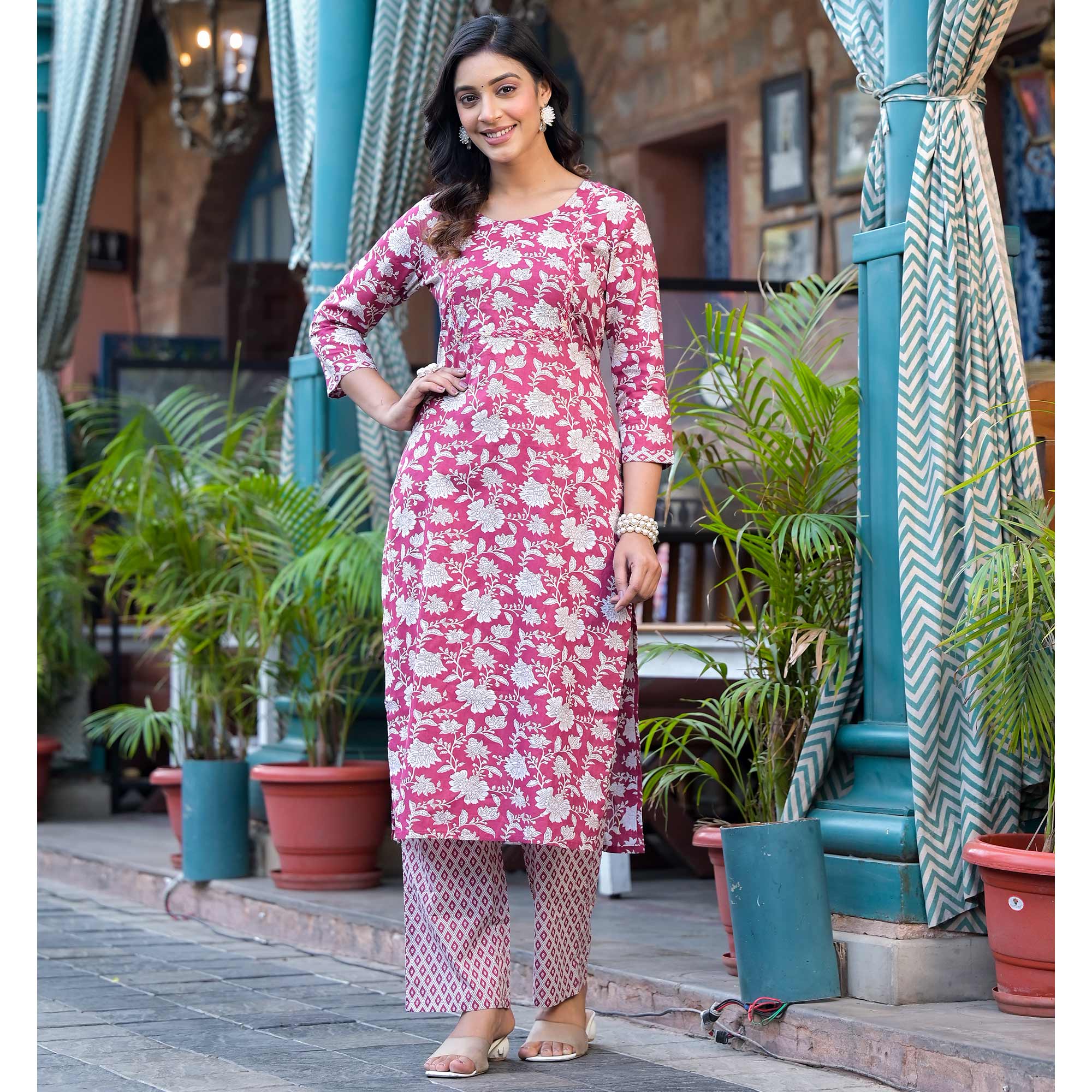 Wine Floral Printed Pure Cotton Salwar Suit