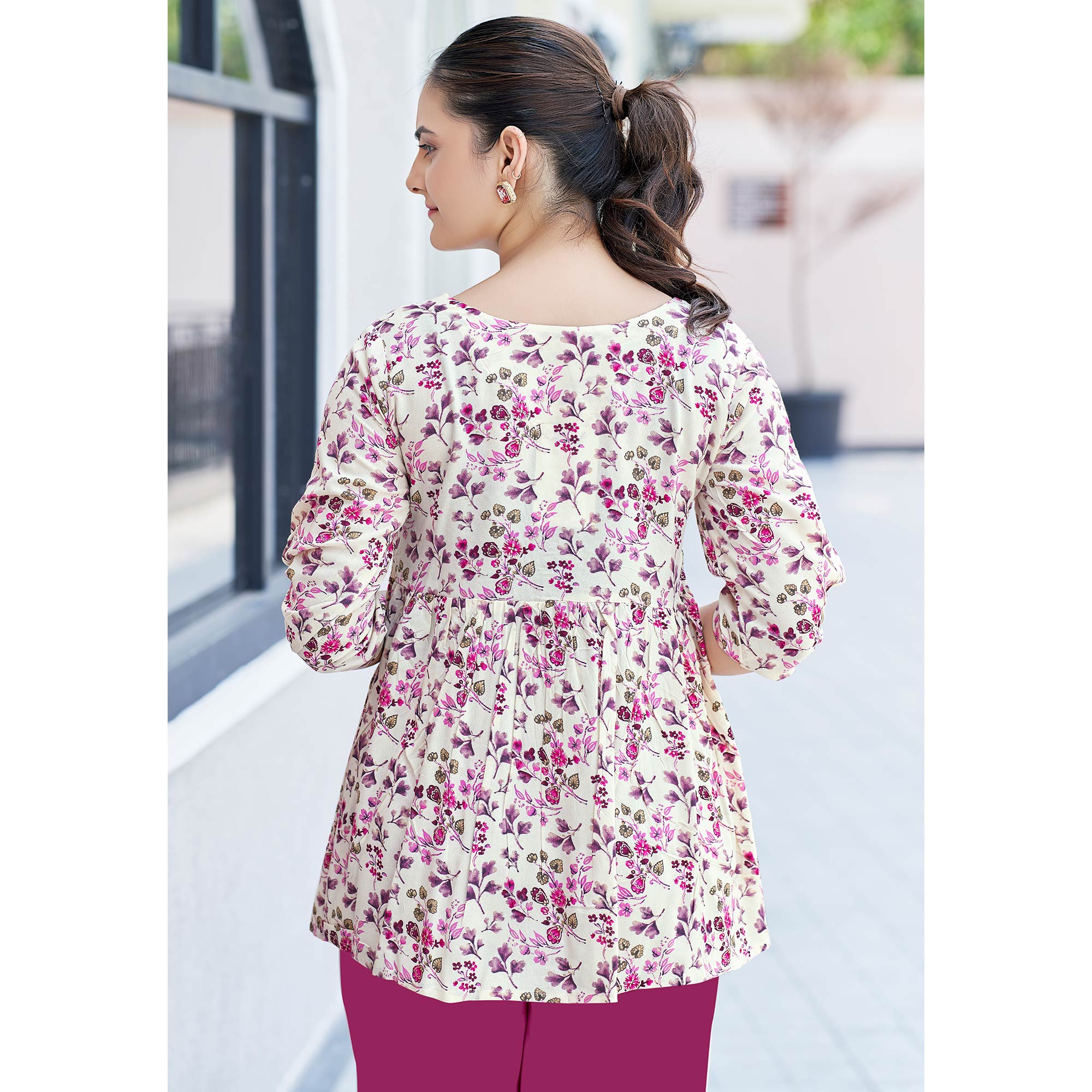 Pink Floral Printed Rayon A-Line Top