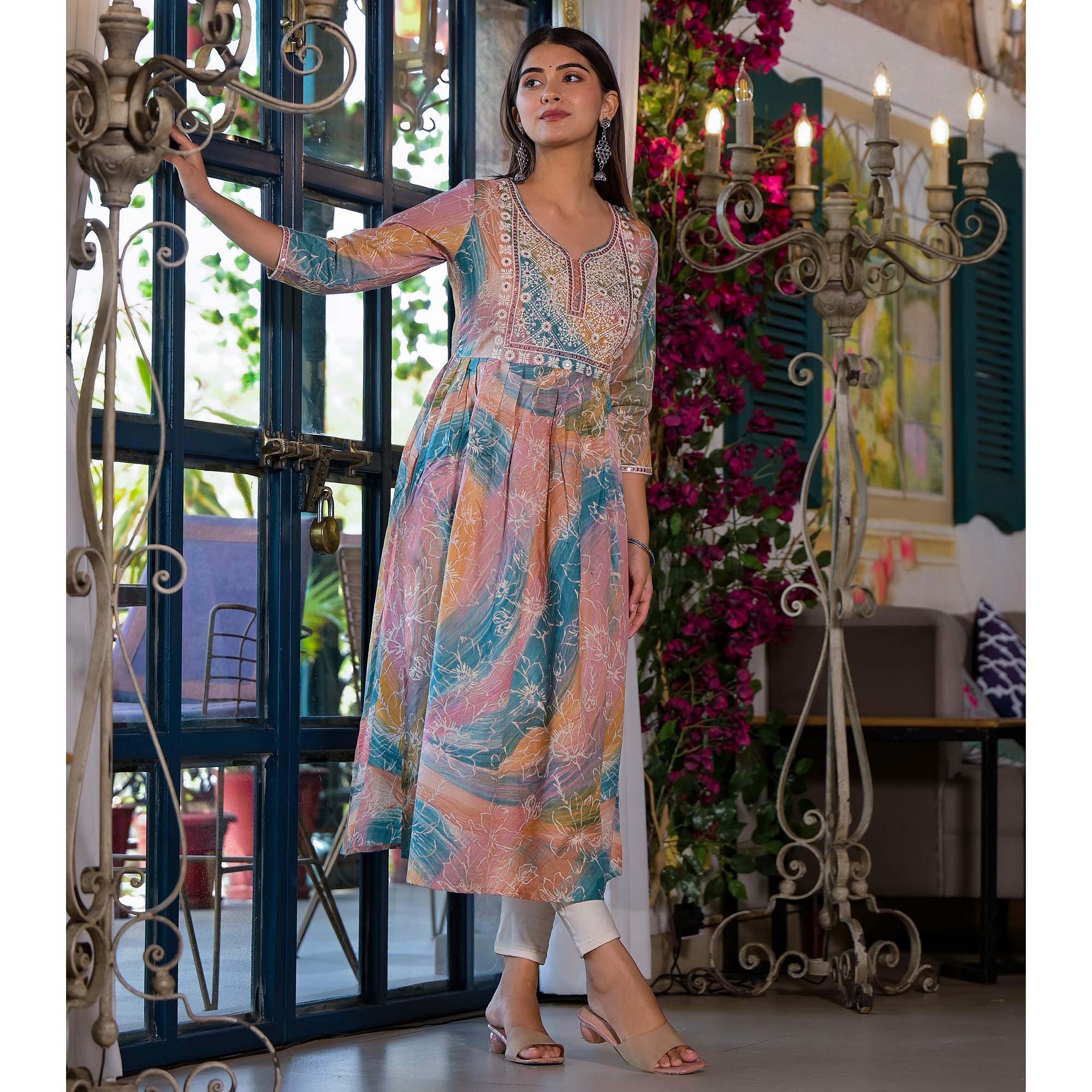Peach Printed Cambric Cotton Naira Cut Kurti