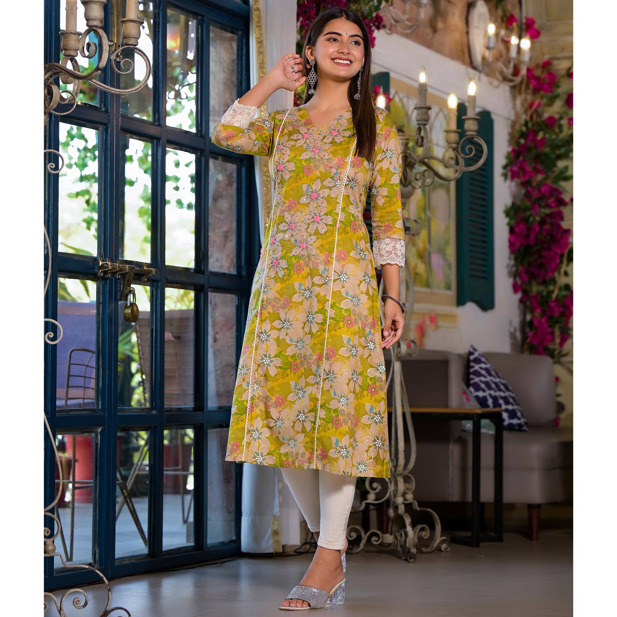 Dark Lemon Green Floral Printed Giza Cotton Maxi Dress