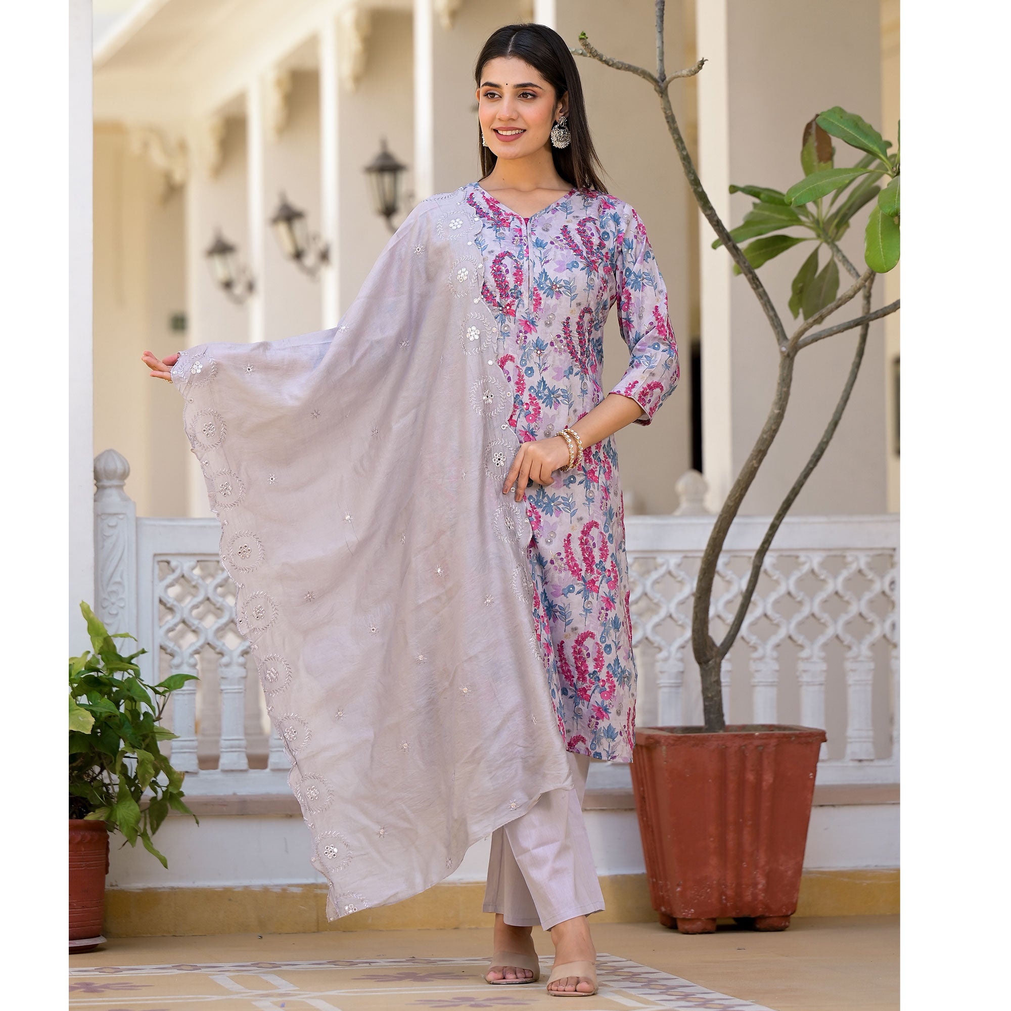 Grey Floral Printed Mulmul Cotton Salwar Suit With Handcrafted