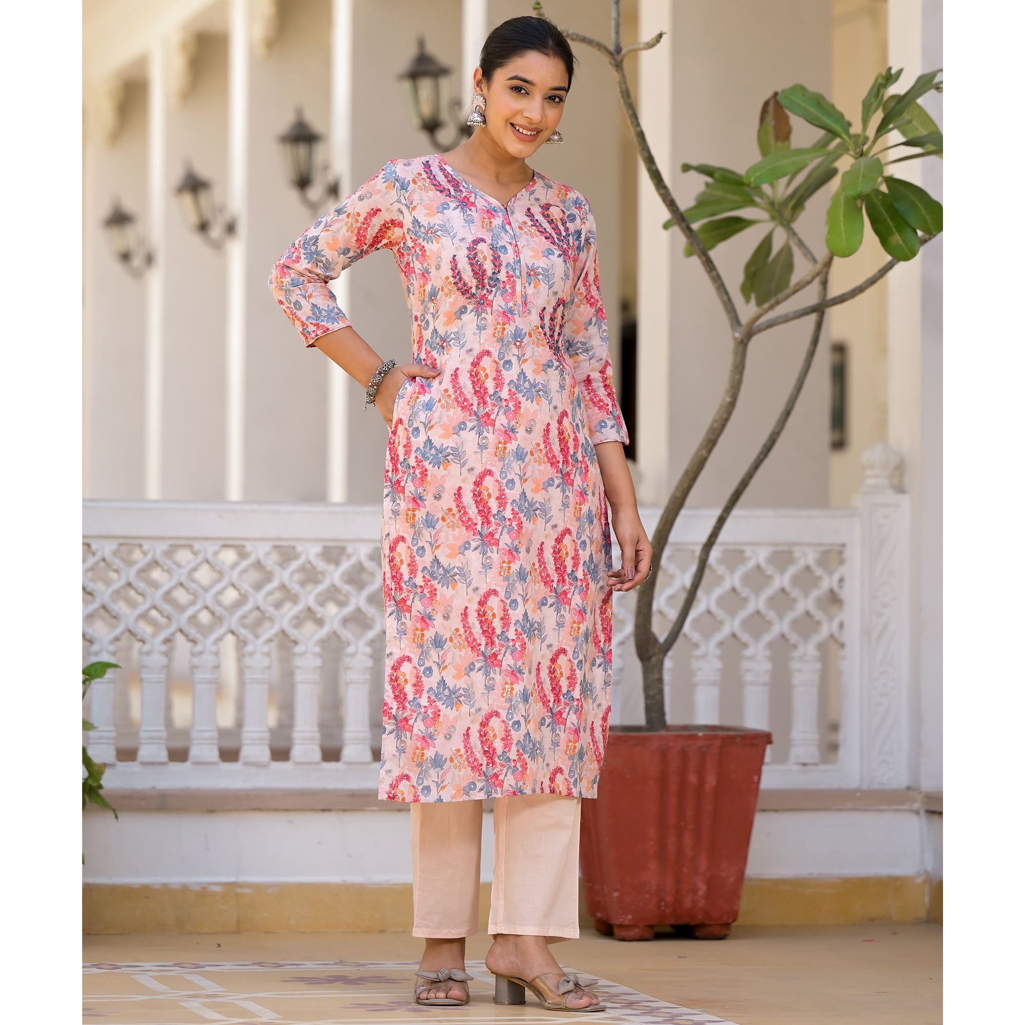 Peach Floral Printed Mulmul Cotton Salwar Suit With Handcrafted