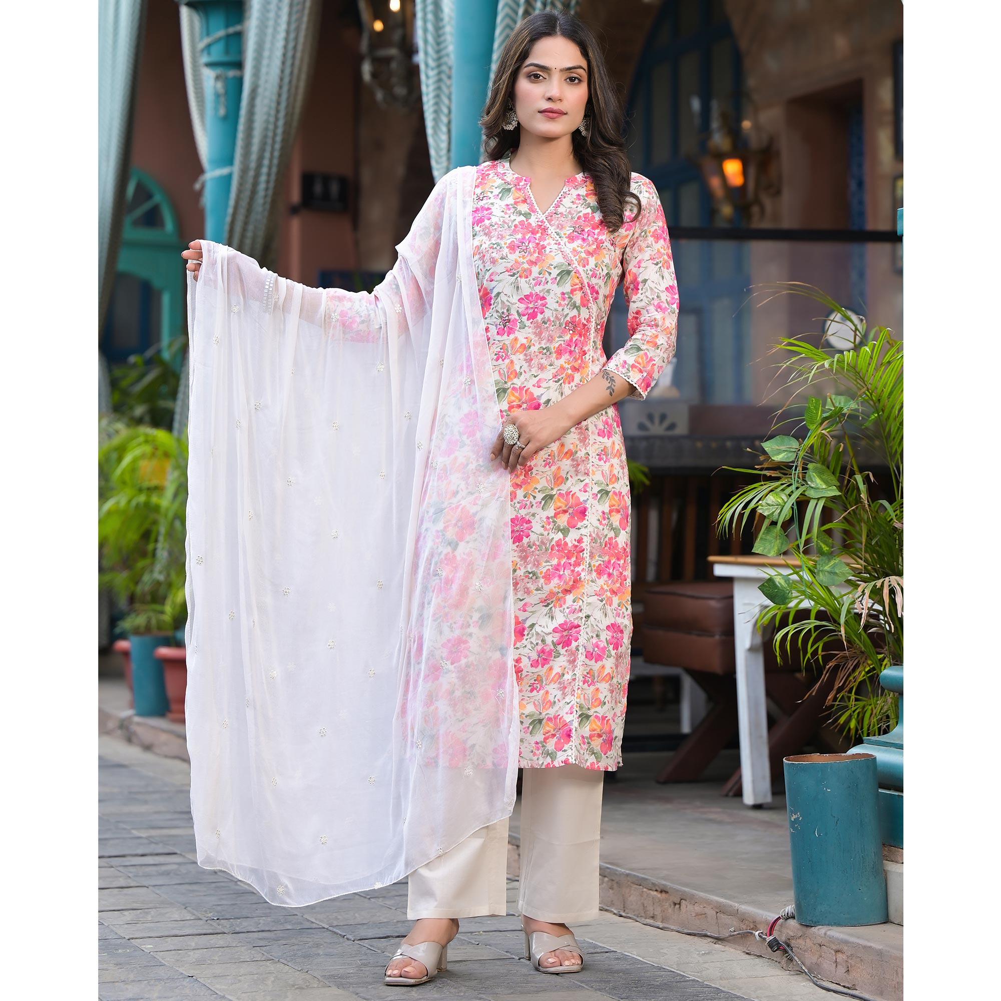 White & Pink Floral Angrakha Style Pure Cotton Suit With Foil Print