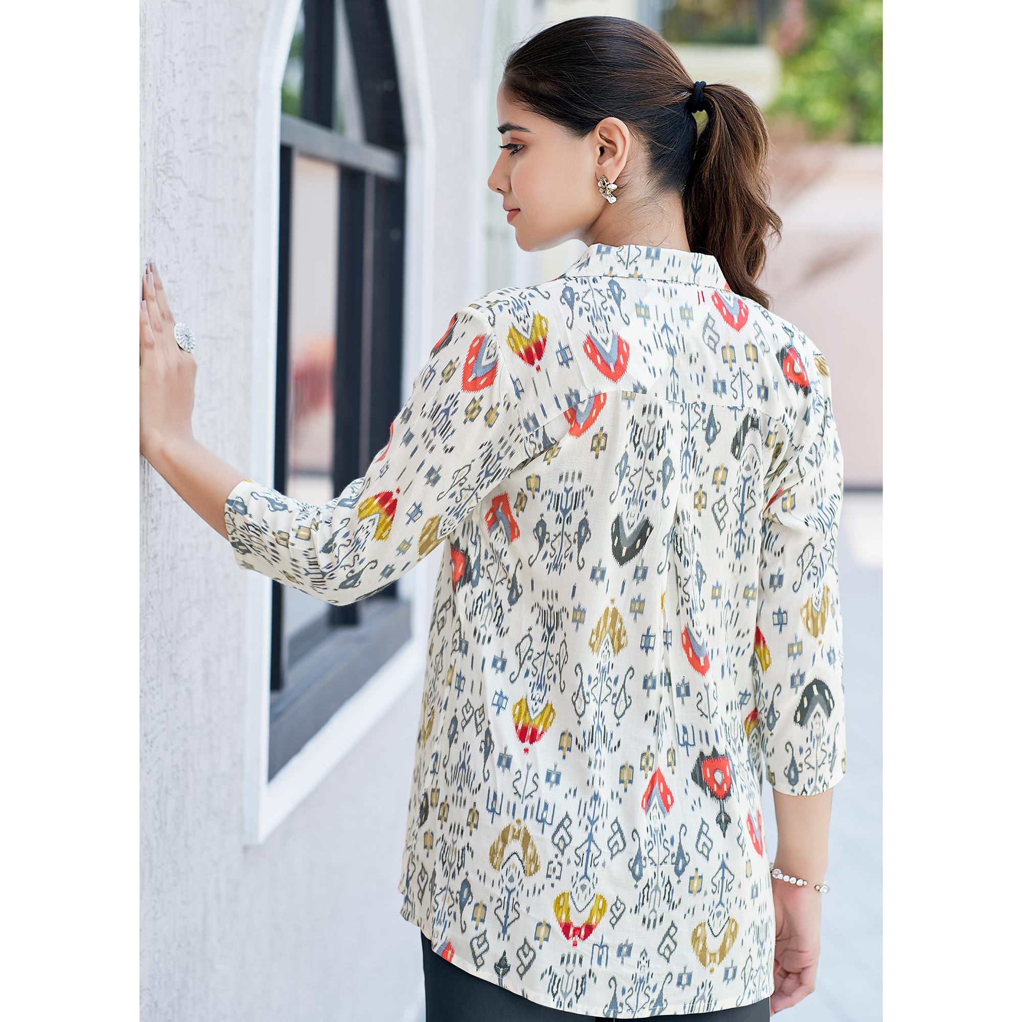 White & Red Printed Chanderi Silk A-Line Top