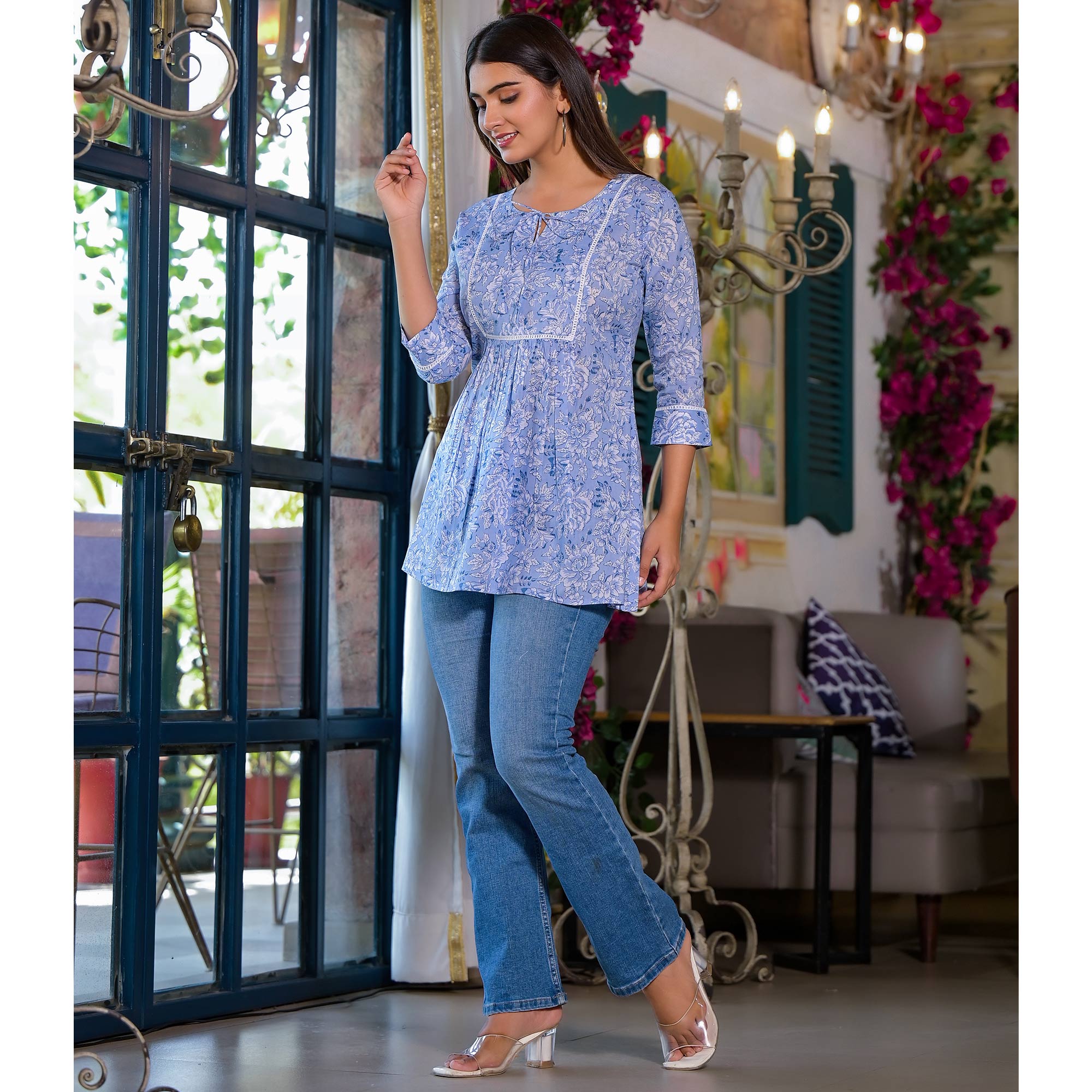 Blue Floral Printed Pure Cotton A-Line Top