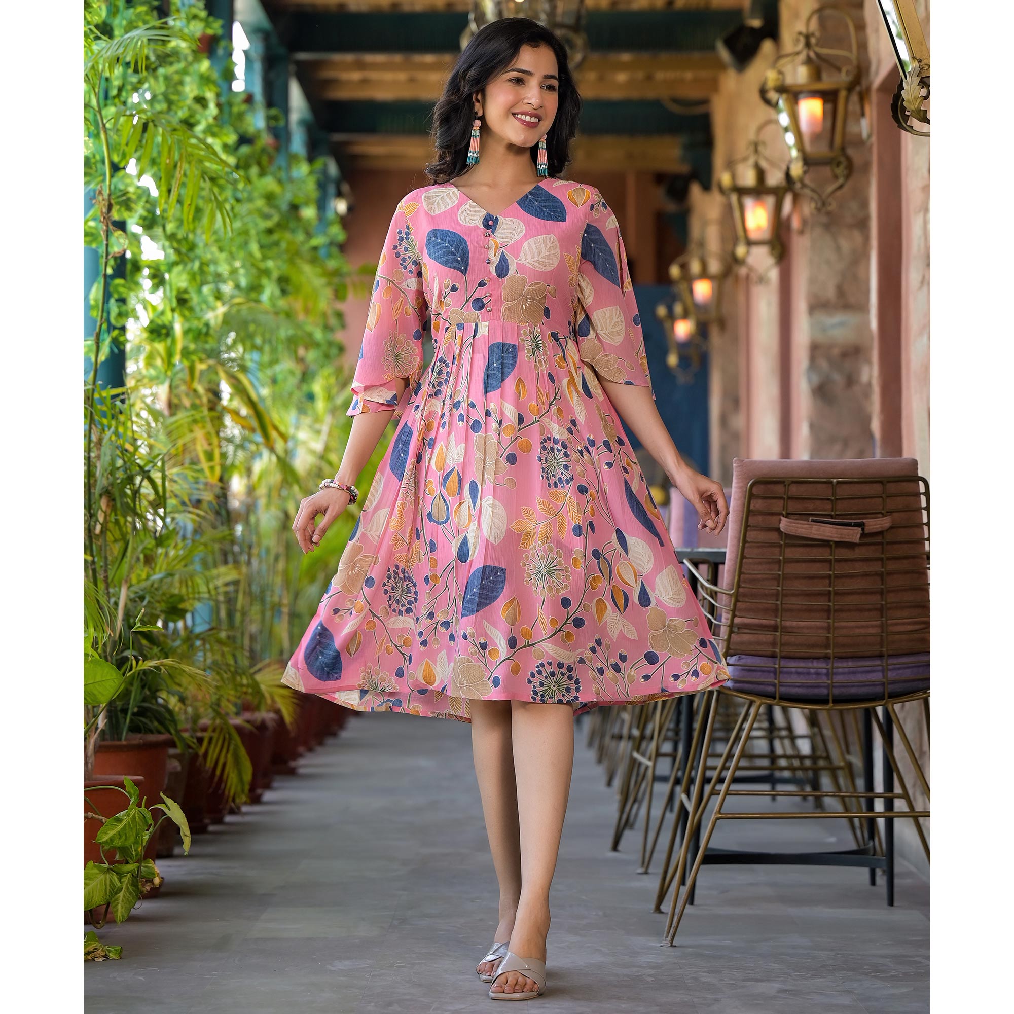 Pink Floral Foil Printed Chiffon A-Line Dress